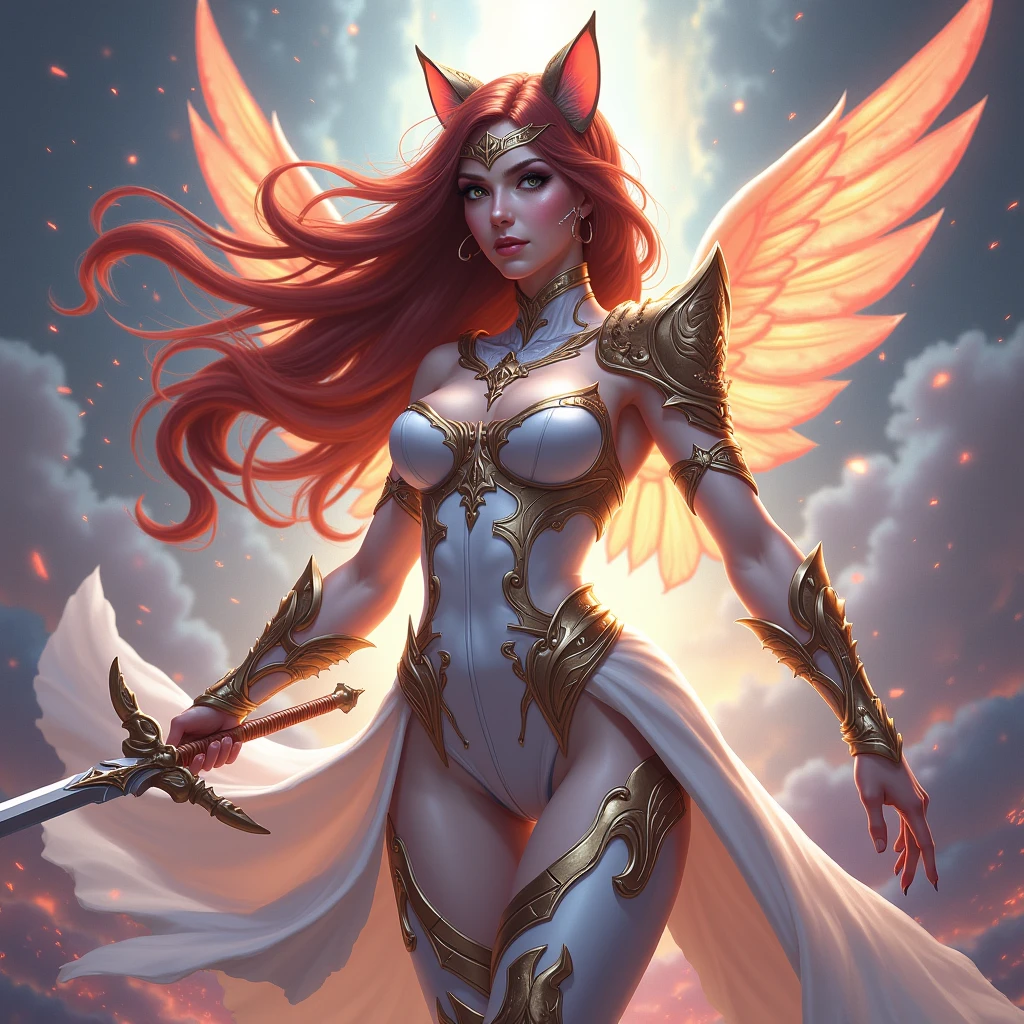score_9, score_8_up, score_7_up, (An Anthro furry wolf girl, yellow furry body, red hair, yellow wolf tail, wolf snout, black nose, MaleniaRot, fleshy wings, covered eyes, scar, butterfly, bug, nude, prosthetic arm, prosthetic leg), naked, nipples, , majestically floating, holding a golden curved sword, simple brown background,