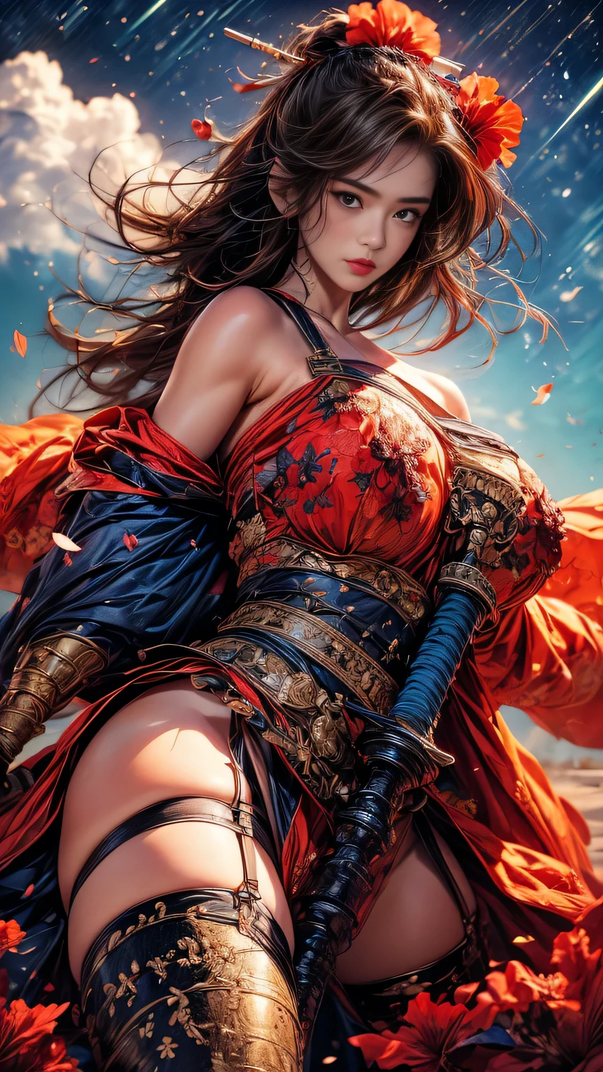 young woman,Oiran,warrior,((wielding a huge_weapon:1.6)) very detailedな, realistic,((seductive smile)),((reclining:1.6)),((Looking at the subject from the front :1.8)),((Combat Stance)), Brilliant Appearance , Creative Action, extremely detailed, Imaginative, sensual, spontaneous , best quality, skin texture, ((hair over shoulder:1.6)),((Cherry red hair:1.3)),((muscular female:1.3)), toned body, Plump Thighs ,((huge breasts)),(( orange armor)),((sideboob:1.3)),(( orange,paladin armor )),( orange paladin armor ) ,(( orange cloak)), ((hipbone skirt)),orange shin guard ,(( garter belt:1.3)) , black tights, absolute domain, Intricate Details ,((cinematic lighting)),(( blue sky:1.3)),((South Sea )),(( sandy beaches)),((Dazzling Light:1.3)),((Meteor shower:1.3)),((hibiscus background)), ((hibiscus petals)), ((hibiscus petals dancing in the wind)),(( hibiscus flowers blooming in full bloom after the subject )),(( hibiscus flowers are blooming all over the front of the subject)), (confetti), RAW photos , 8k, masterpiece, best quality, ultra detail, very detailed, Intricate Details , high resolution,超 Intricate Details , very detailed 8k cg wallpaper,