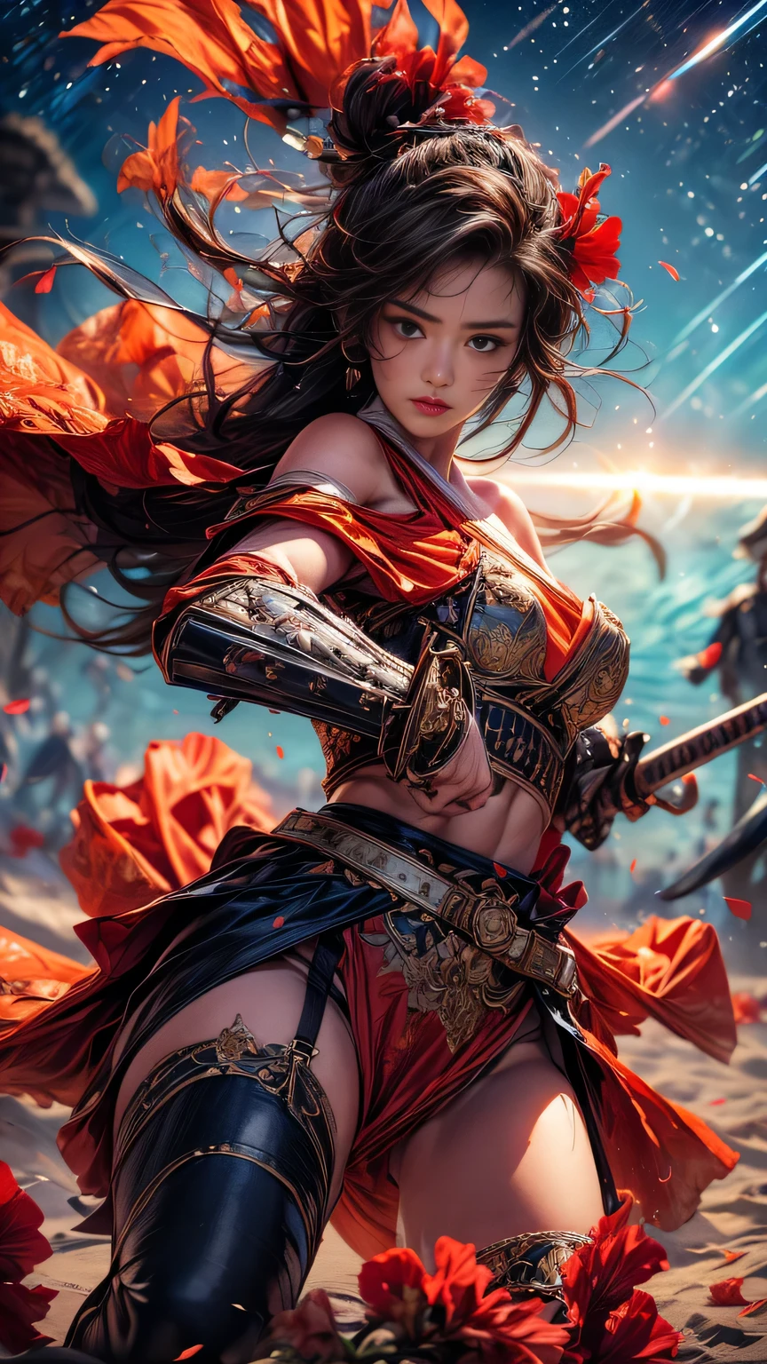 young woman,Oiran,warrior,((wielding a huge_weapon:1.6)) very detailedな, realistic,((seductive smile)),((reclining:1.6)),((Looking at the subject from the front :1.8)),((Combat Stance:1.8)), Brilliant Appearance , Creative Action, extremely detailed, Imaginative, sensual, spontaneous , best quality, skin texture, ((hair over shoulder:1.6)),((Cherry red hair:1.3)),((muscular female:1.3)), toned body, Plump Thighs ,((huge breasts)),(( orange armor)),((sideboob:1.3)),(( orange,paladin armor )),( orange paladin armor ) ,(( orange cloak)), ((hipbone skirt)),orange shin guard ,(( garter belt:1.3)) , black tights, absolute domain, Intricate Details ,((cinematic lighting)),(( blue sky:1.3)),((South Sea )),(( sandy beaches)),((Dazzling Light:1.3)),((Meteor shower:1.3)),((hibiscus background)), ((hibiscus petals)), ((hibiscus petals dancing in the wind)),(( hibiscus flowers blooming in full bloom after the subject )),(( hibiscus flowers are blooming all over the front of the subject)), (confetti), RAW photos , 8k, masterpiece, best quality, ultra detail, very detailed, Intricate Details , high resolution,超 Intricate Details , very detailed 8k cg wallpaper,