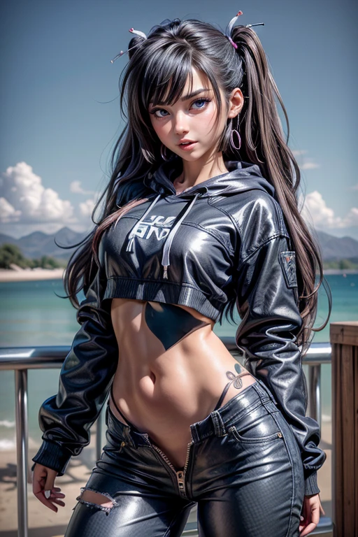 Mujer anime. Sexy Athletic. Vestida ropa ajustada de cuero. Y campera negra