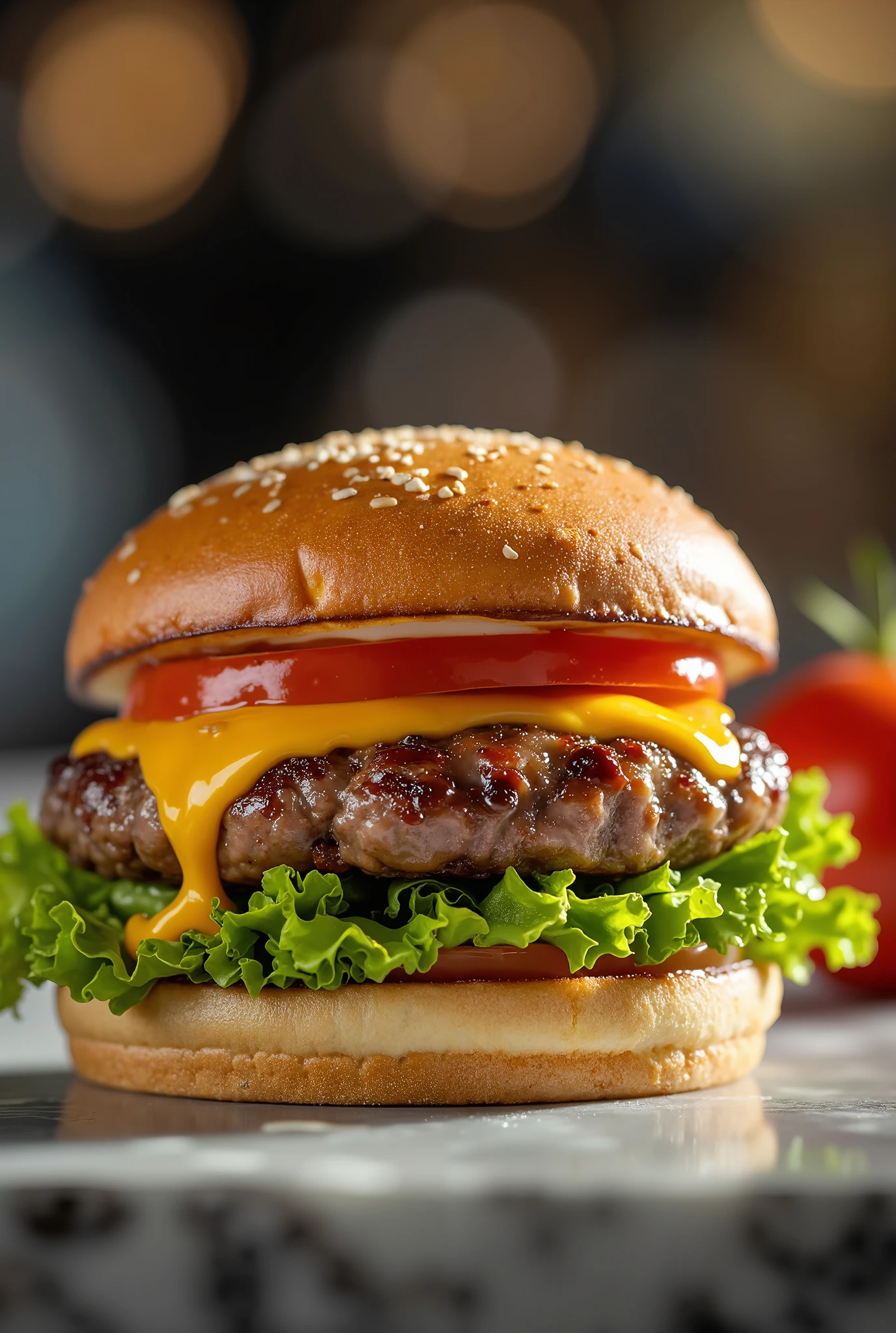 A professional photography with a bun burger, lettuce, 1 meat, cheddar cheese, tomato, on a table, Tasty burger, professional photography, 8k, advertisement style composition, TV commercial style