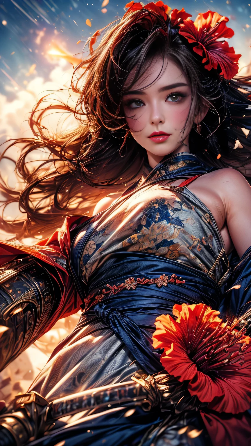  young woman,Oiran,warrior,((wielding a huge_weapon:1.6)) very detailedな, realistic,((seductive smile)),(( look at the subject from below :1.8)),((portrait:1.8)), Brilliant Appearance , Creative Action,  extremely detailed, Imaginative,  sensual, spontaneous ,  best quality,  skin texture, ((hair over shoulder:1.6)),((Cherry red hair:1.3)),((muscular female:1.3)), toned body, Plump Thighs ,((huge breasts)),(( orange armor)),((sideboob:1.3)),(( orange,paladin armor )),( orange paladin armor ) ,(( orange cloak)), ((hipbone skirt)),orange shin guard ,(( garter belt:1.3)) , black tights,  absolute domain,  Intricate Details  ,((cinematic lighting)),(( blue sky:1.3)),((South Sea )),(( sandy beaches)),((Dazzling Light:1.3)),((Meteor shower:1.3)),((hibiscus background)), ((hibiscus petals)), ((hibiscus petals dancing in the wind)),(( hibiscus flowers blooming in full bloom after the subject )),(( hibiscus flowers are blooming all over the front of the subject)), (confetti),  RAW photos , 8k, masterpiece,  best quality, ultra detail, very detailed,  Intricate Details  , high resolution,超 Intricate Details , very detailed 8k cg wallpaper,