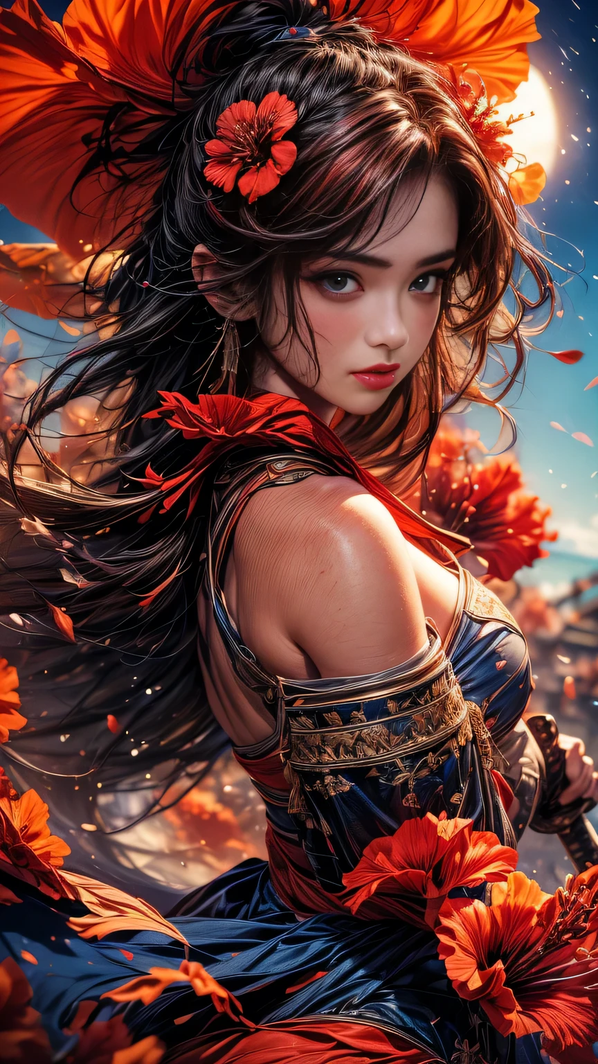 young woman,Oiran,warrior,((wielding a huge_weapon:1.6)) very detailedな, realistic,((seductive smile)),(( look at the subject from below )),((portrait:1.8)), Brilliant Appearance , Creative Action, extremely detailed, Imaginative, sensual, spontaneous , best quality, skin texture, ((hair over shoulder:1.6)),((Cherry red hair:1.3)),((muscular female:1.3)), toned body, Plump Thighs ,((huge breasts)),(( orange armor)),((sideboob:1.3)),(( orange,paladin armor )),( orange paladin armor ) ,(( orange cloak)), ((hipbone skirt)),orange shin guard ,(( garter belt:1.3)) , black tights, absolute domain, Intricate Details ,((cinematic lighting)),(( blue sky:1.3)),((South Sea )),(( sandy beaches)),((Dazzling Light:1.3)),((Meteor shower:1.3)),((hibiscus background)), ((hibiscus petals)), ((hibiscus petals dancing in the wind)),(( hibiscus flowers blooming in full bloom after the subject )),(( hibiscus flowers are blooming all over the front of the subject)), (confetti), RAW photos , 8k, masterpiece, best quality, ultra detail, very detailed, Intricate Details , high resolution,超 Intricate Details , very detailed 8k cg wallpaper,
