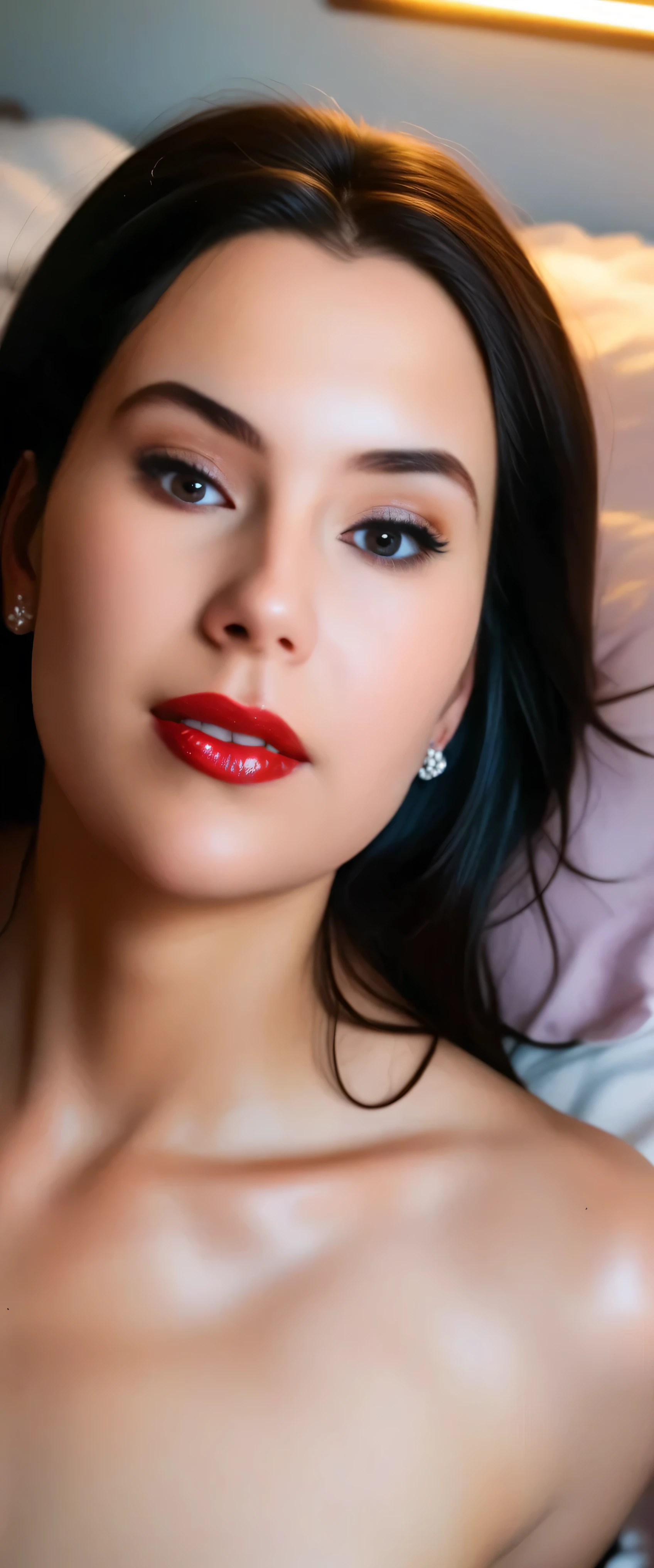 sfw:2.stop.(masterpiece, best_quality:1.2), 1girl, solo, red lips, on bed,black_hair, detailed_face, full_body:2,anatomically_correct,intricate_details, photo realistic, cinematic_lighting, vibrant_colors, high_resolution.stop.sfw:2