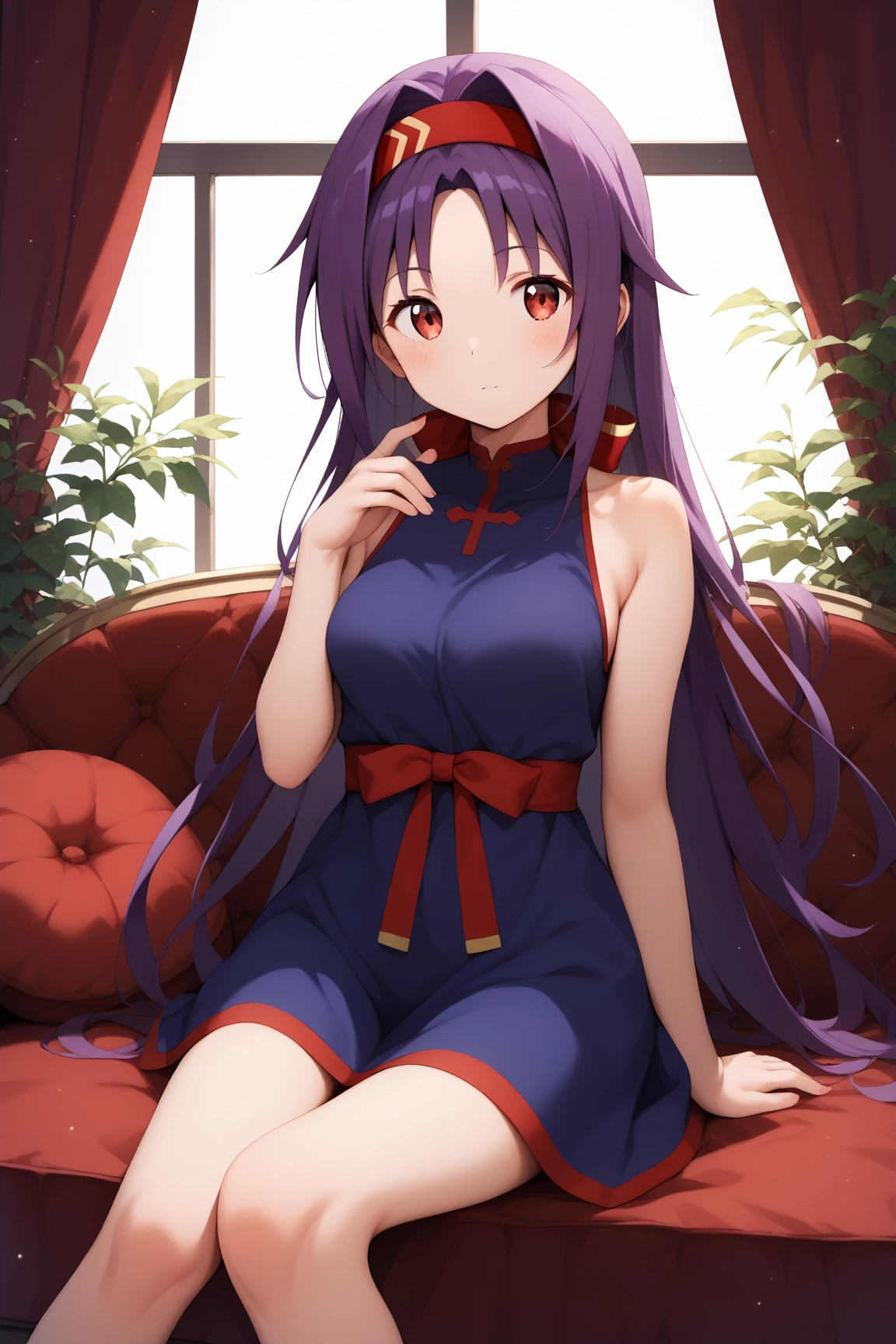 red china dress, china dress, long dress, gigantic breasts, 1girl, solo, long hair, blush, hair ornament, hair between eyes, purple eyes, pink hair, braid, bedroom, hair flower, cute, looking at viewer,