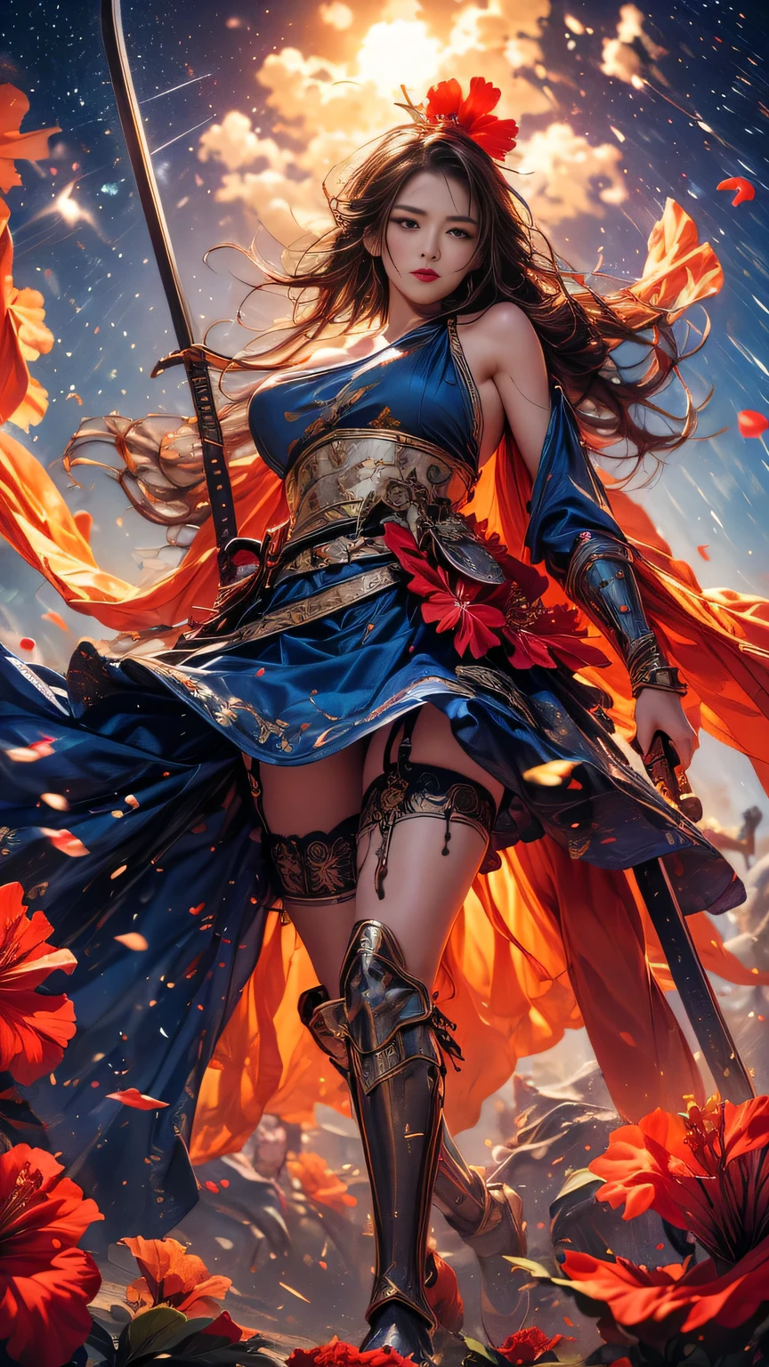 young woman,Oiran,warrior,((wielding a huge_weapon:1.6)) very detailedな, realistic,((seductive smile)),((form front:1.8)),(( look at the subject from below :1.8)),((Squat and spread your legs:1.3)), Brilliant Appearance , Creative Action, extremely detailed, Imaginative, sensual, spontaneous , best quality, skin texture, ((hair over shoulder:1.6)),((Cherry red hair:1.3)),((muscular female:1.3)), toned body, Plump Thighs ,((huge breasts)),(( orange armor)),((sideboob:1.3)),(( orange,paladin armor )),( orange paladin armor ) ,(( orange cloak)), ((hipbone skirt)),orange shin guard ,(( garter belt:1.3)) , black tights, absolute domain, Intricate Details ,((cinematic lighting)),(( blue sky:1.3)),((South Sea )),(( sandy beaches)),((Dazzling Light:1.3)),((Meteor shower:1.3)),((hibiscus background)), ((hibiscus petals)), ((hibiscus petals dancing in the wind)),(( hibiscus flowers blooming in full bloom after the subject )),(( hibiscus flowers are blooming all over the front of the subject)), (confetti), RAW photos , 8k, masterpiece, best quality, ultra detail, very detailed, Intricate Details , high resolution,超 Intricate Details , very detailed 8k cg wallpaper,