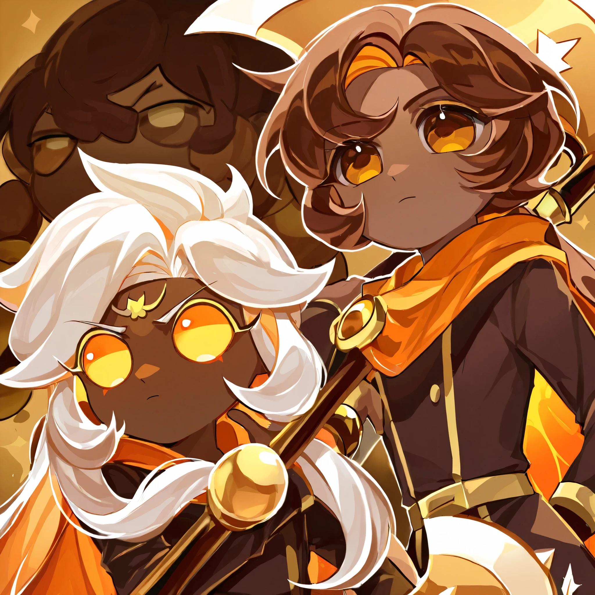 Character from Cookie Run Kingdom, a dark brown cookie, long cream-white hair with orange locks, orange slanted eyes, robust, dark brown men's uniform with light brown and white tones, a black and gold layer, a weapon such as a heavy and large axe, cookie run kingdom estilo, man