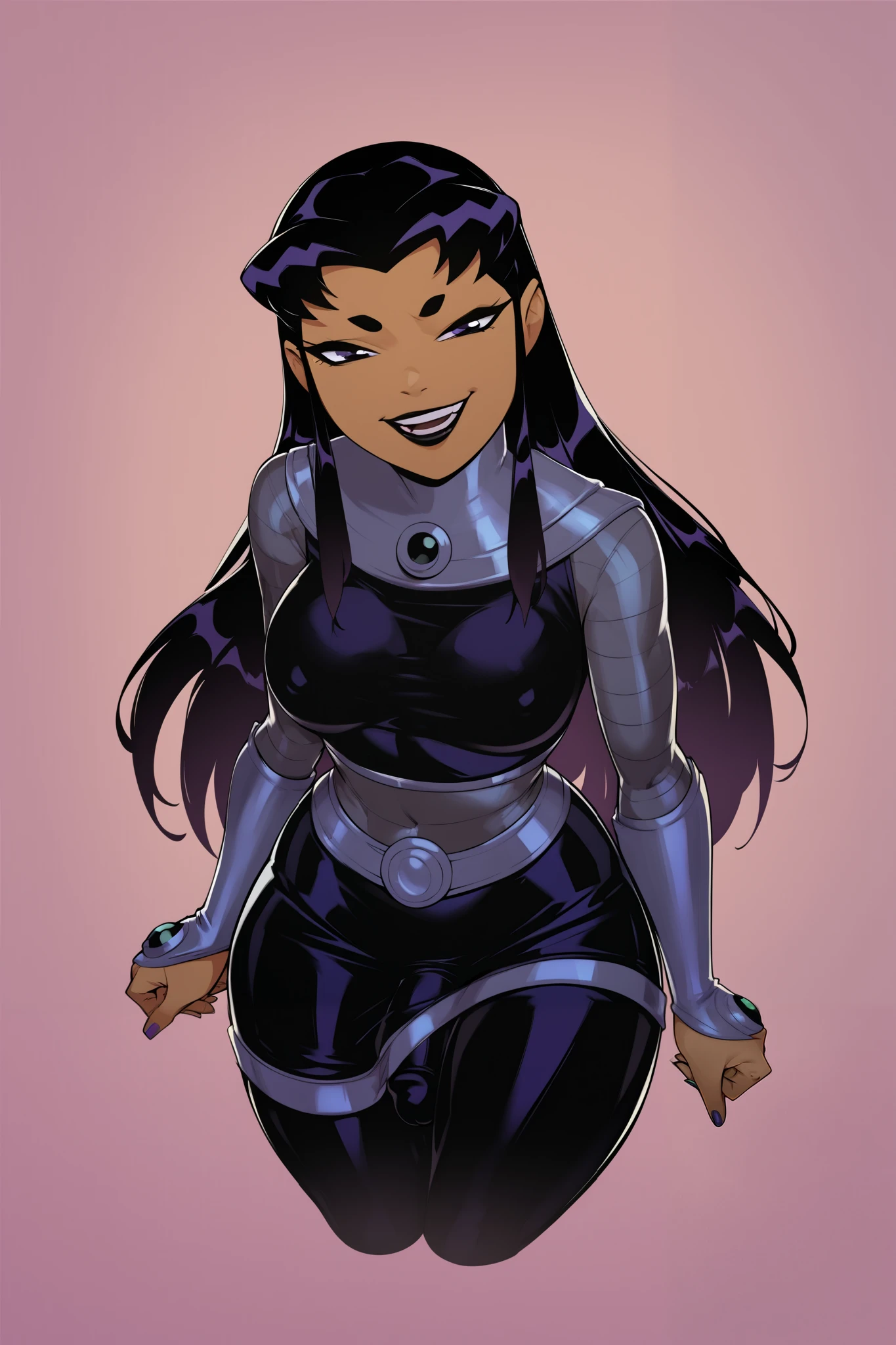 score_9_up, score_8_up, score_7_up,score_6_up, score_5_up, score_4_up,BREAK,zPDXL3,rating_questionable, source_cartoon, blackfire from titans, smug, dark eyes, bodysuit, black lips, futanari, penis outline in clothing,