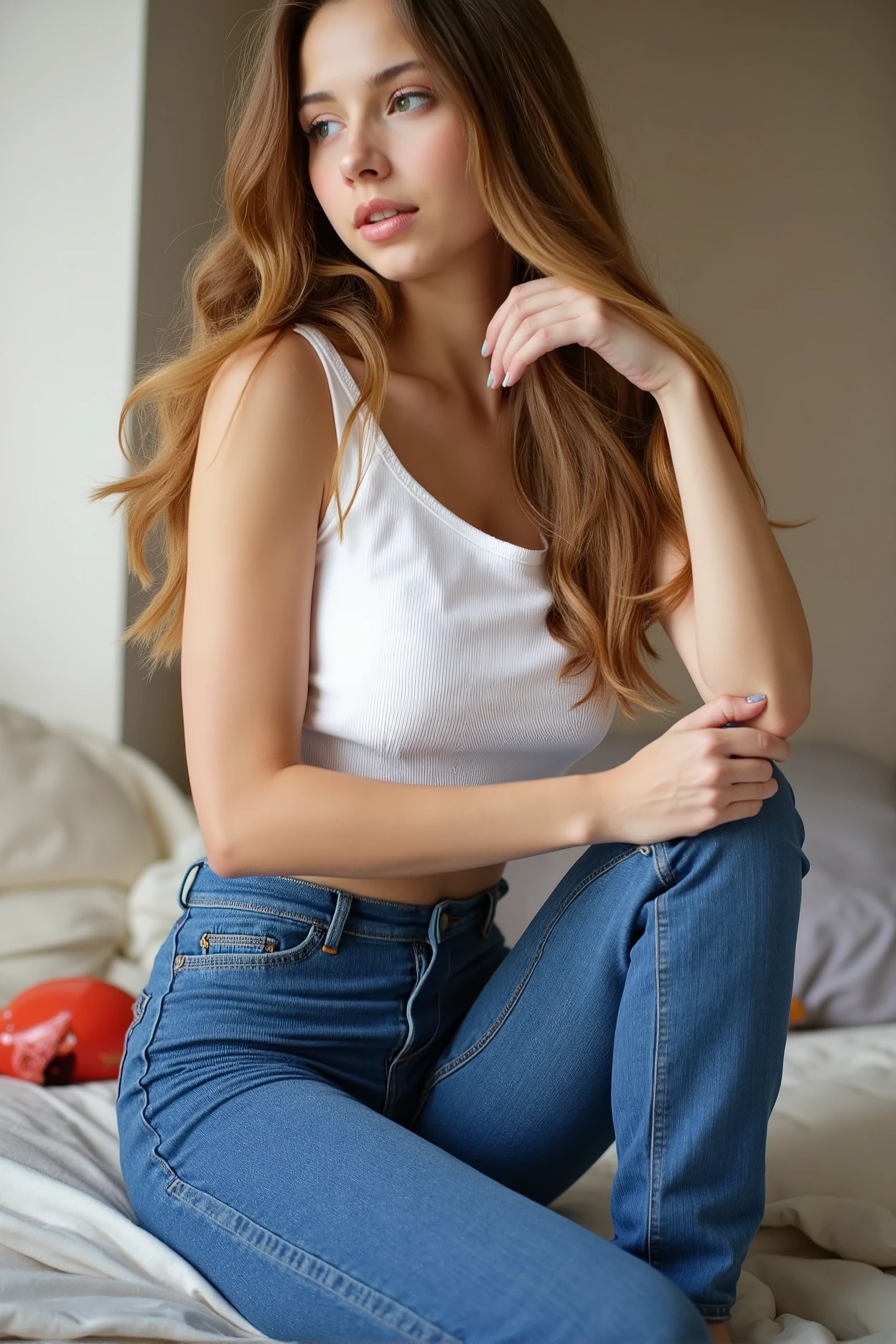 photograph of a girl, european, full body shot, dynamic pose, posing, sitting, wearing tight jeans, cute top