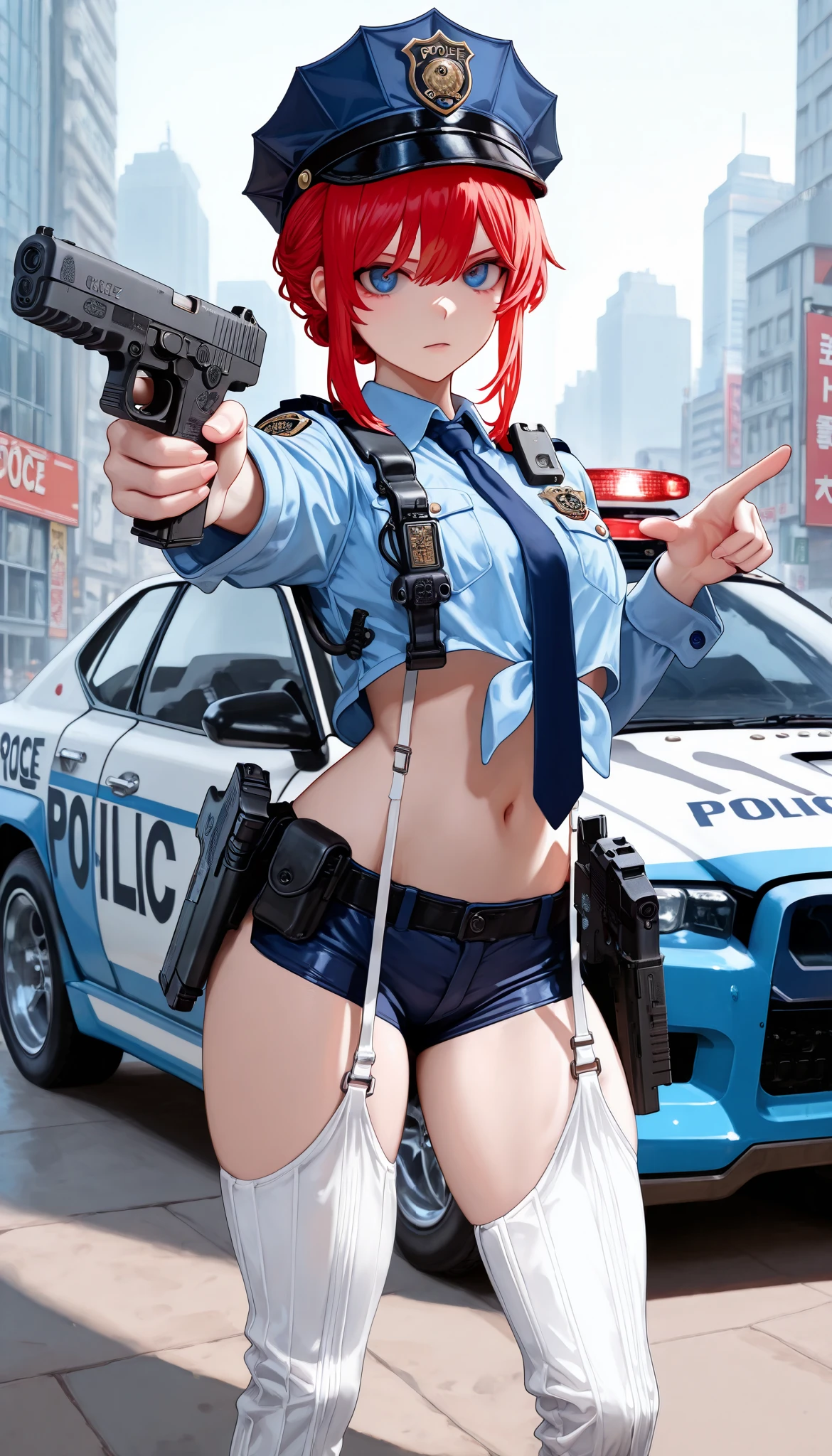 ((masterpiece, highest quality, 8K, High resolution:1.3)), 1 girl, Cat ear, white skin, medium breasts, pointed chest, aqua eye, female police officer, police station, squad car, panty shot, running, anger, Take a gun, 