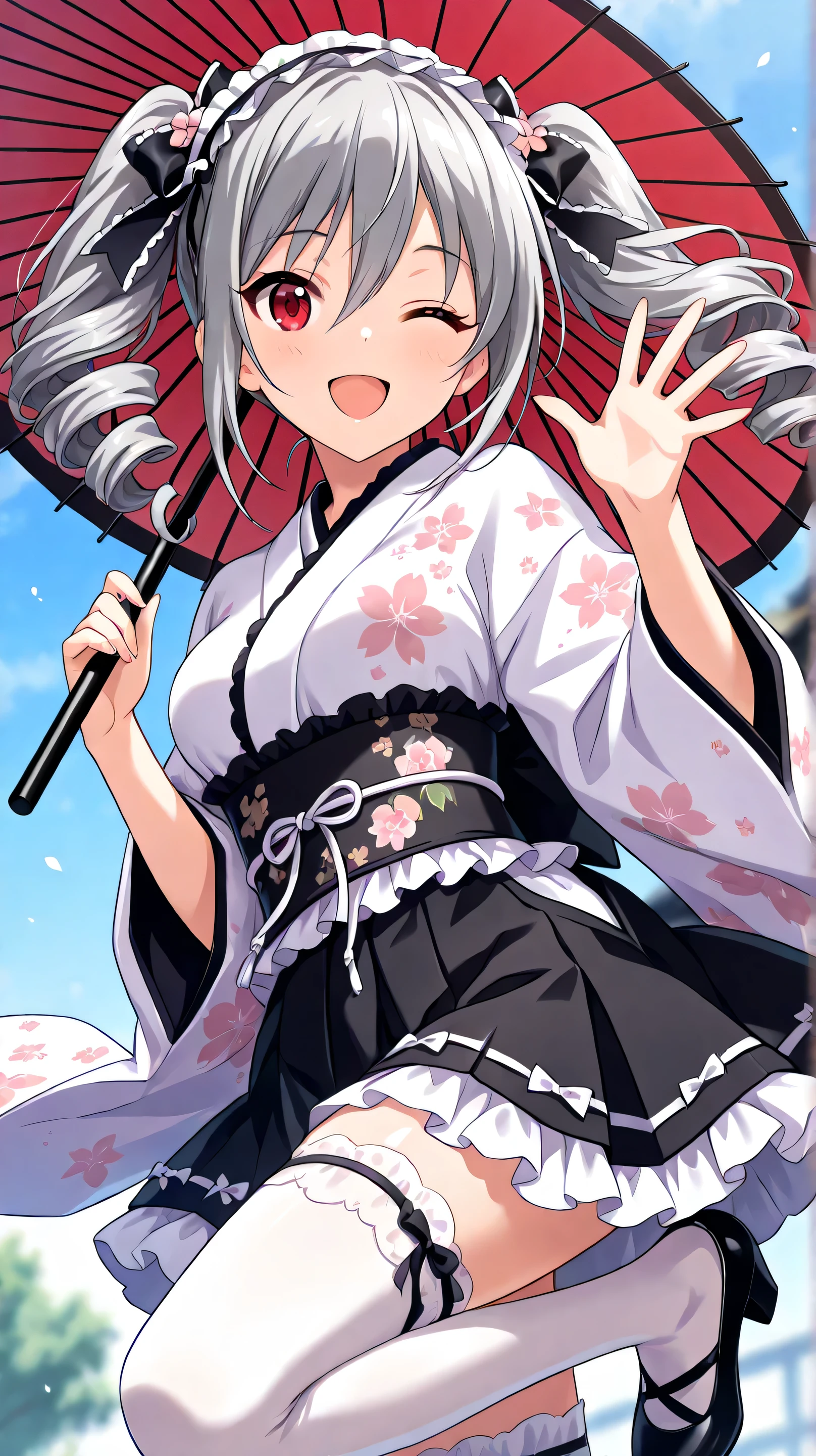 ((correct_anatomy)),((detailed eyes)),((high_quality)), ((Super_Detailed)), ((Best Quality)),((score_9, source_anime)), very aesthetic, absurdres, solo,  knzkrnk, long hair, grey hair, sidelocks, twintails, drill hair, twin drills, bangs, hair between eyes, hair ornament, hair bow, red eyes, medium breasts, ;d :1.2, waving, [kimono clothes,ta fashion],wide sleeves,floral print,skirt,ribbons,frills,laces,lolieaddress,kimono ornament,thighhighs,pumps, holding Japanese umbrella, (fix umbrella), (dynamic angle),(depth of field), Shiny skin,(HDR,UHD, 4k, 8K, best quality ,masterpiece), 