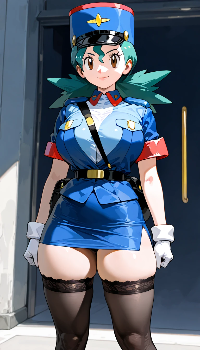 score_9, score_8_up, jenny (pokemon), police uniform, belt, pencil skirt, white gloves, high heels . green hair . source_anime Bibl3 . in office . pussy focus , good eyes. detailed . . huge breast . trimmed pubic hair . pubic. bouncing breasts . wet pussy . smile . open mouth . blank eyes . squatting on penis . sex
