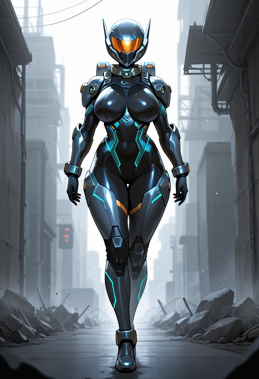 ((whole body): 1.5) {1/o Woman: wearing a black wick costume with a golden part very tight to her body): 1.5), (has extremely large breasts), has very short, very straight blue hair, green eyes, ( (looking at viewer doing sexual poses while standing):1.3), Red lipstick on mouth, holding futuristic weaponetallic robots}):1.1): behind only {1/o Woman} keeping vigil. In a futuristic city, It's night, raining heavily. hyperrealism, 16k, master piece, anatomically correct, Award-winning, ((best quality, high quality):1.5), High details, UHD