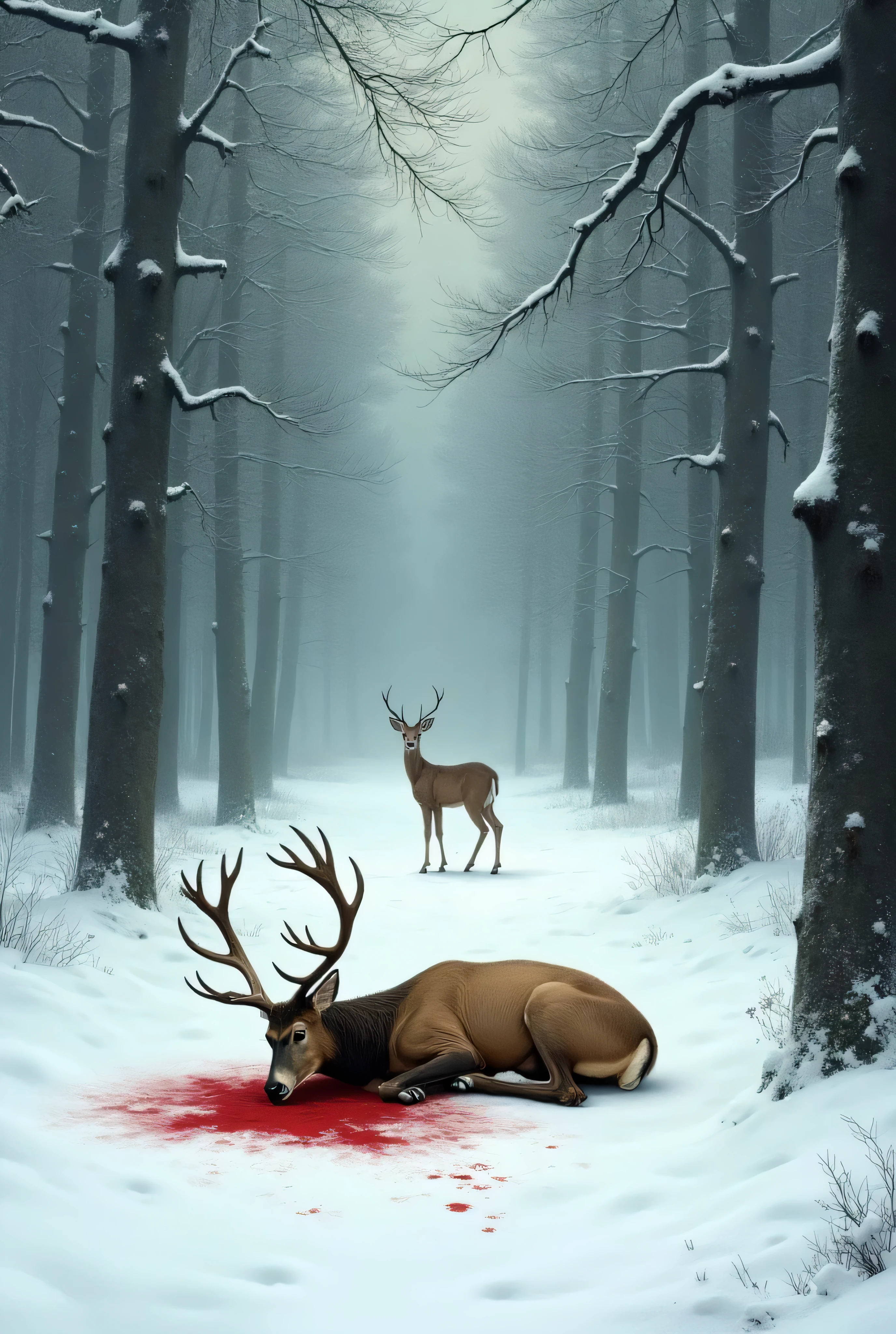 deer , wolf attack marks, oil painting, expression of fear, Drama, cryin, bloodstains, innocence, vibe vintage.