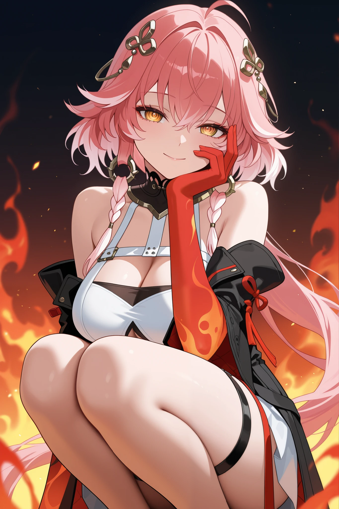 masterpiece, best quality, amazing quality, very aesthetic, high resolution, newest, hyper-detailed, 1girl, changli \(wuthering waves\), pink hair, two-tone hair, red hands, white dress, black coat, thigh strap, extremely detailed eyes, (ringed eyes:1.2), yellow eyes, colored extremities, large breasts, cleavage, bare shoulders, black collar, looking at viewer, squatting, legs together, hand on own face, head rest, smile, highres, absurdres, depth of field, cinematic fire, amazing fiery background