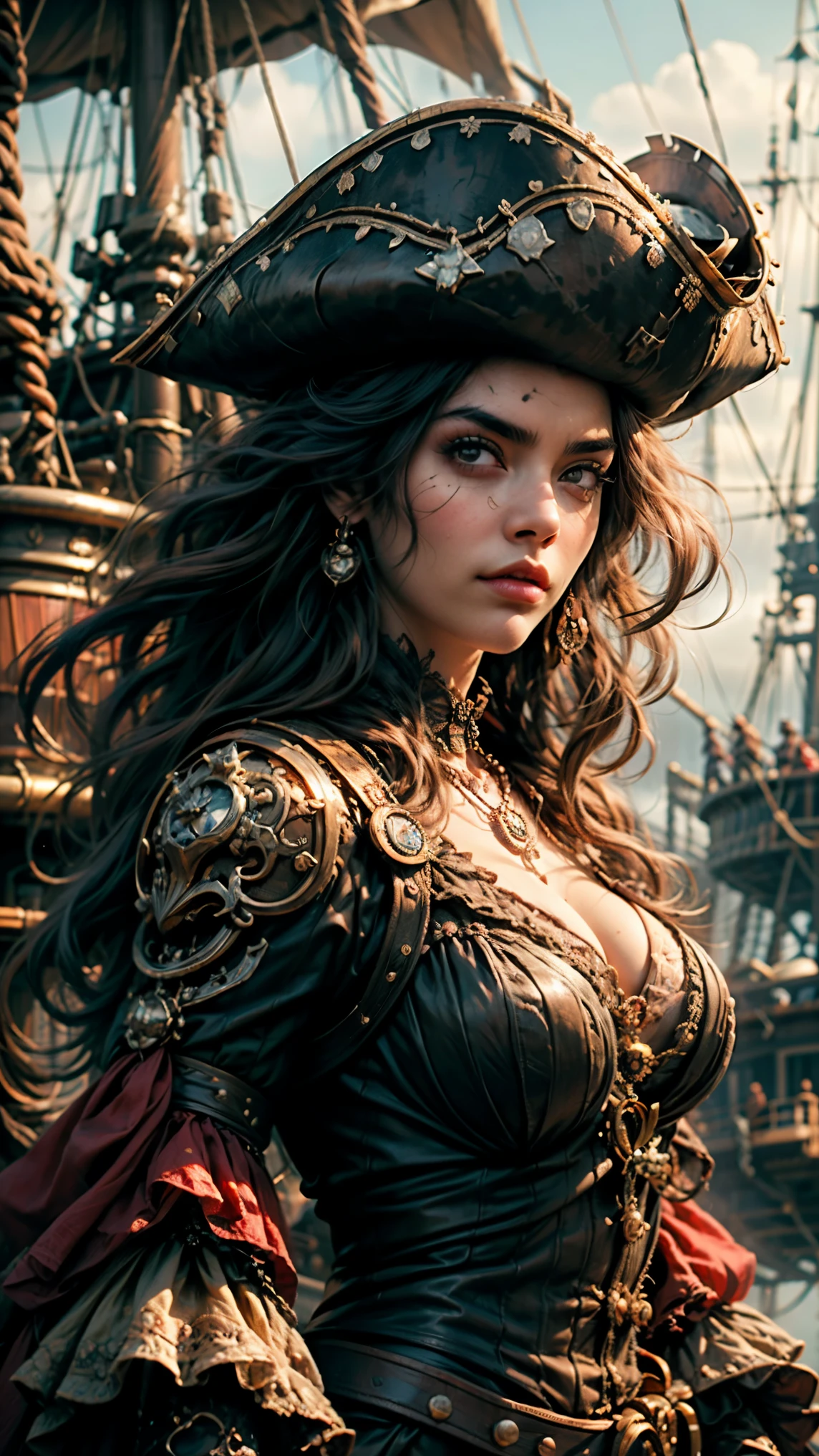 masterpiece, Ultra intricate details, low camera angle, low angle photography, view from below, 1 girl, alone, dark latin skin, blush, frown, angry, evil smile, black steampunk pirate costume, red and brown. wifes, black and red jewelry and beads, long neckline, black hair with red, meeting, long to the back, cabello con meeting, disheveled, thick and bushy eyebrows, steampunk pirate girl, swollen eyes, perfectly rounded sclera, Highly detailed cherry mouth and lips , big, bright green eyes, arms loose behind the back, posing as captain, Approximate expression, ((natural light)), Hyper realistic, Augmented reality, estilo Hyper realistic, ((Ultra intricate face and body details, Extremely detailed skin)), shadows and lights, During the day, steampunk pirate ship, ultra quality, 4k high definition, half body, portrait, close up, background blur
