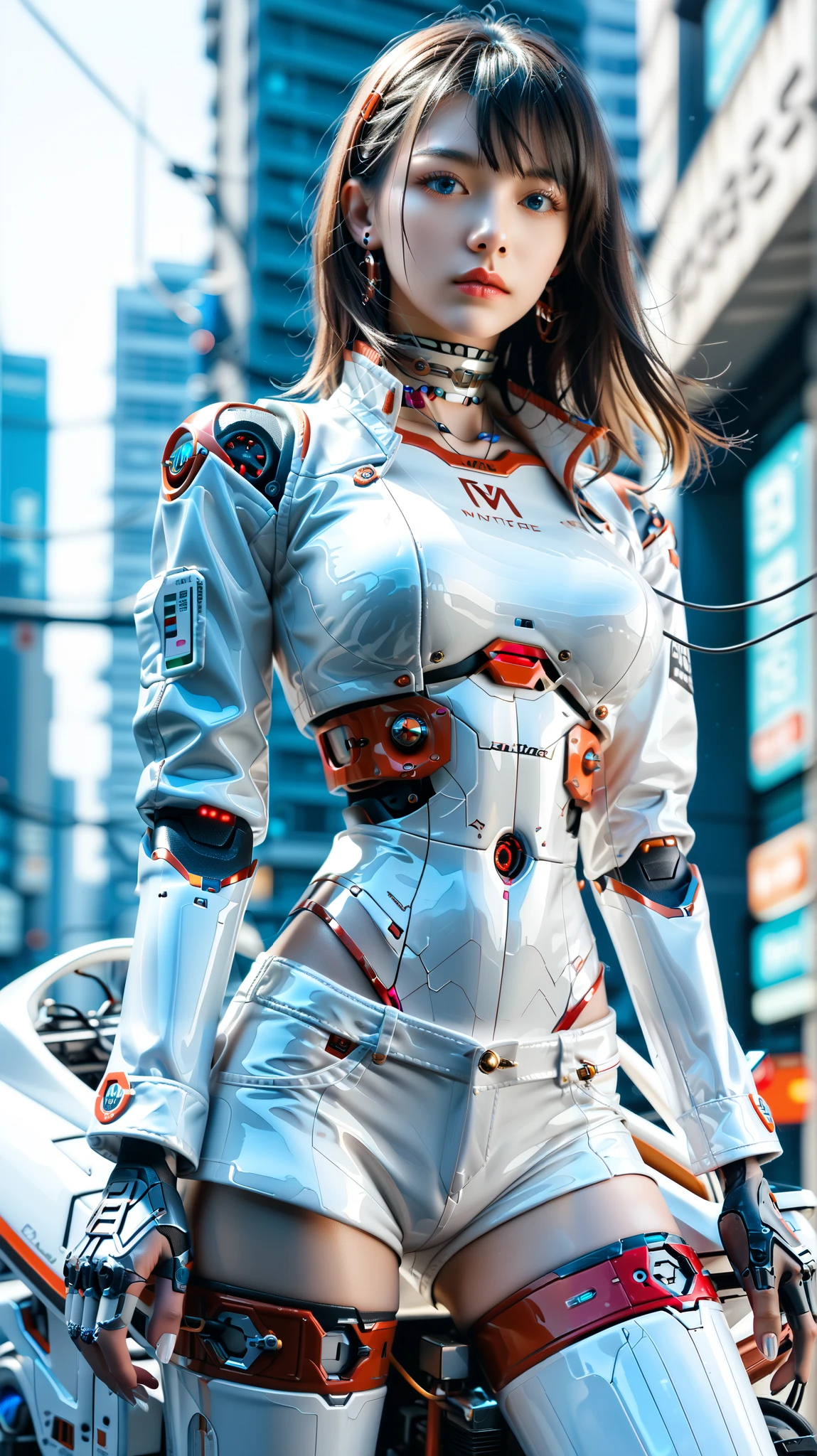 (((masterpiece))), (realism, realism texture, (science fiction, distant future), (top Quality, High Quality, top resolution, high resolution, (ultra detailed, high detailed))), (beautiful robot white latex racing model girl:1.4), (she is incredible machine:1.4), (beautiful face), (thin lips, wide mouth), blue lighting eyes, (polished short shorts:1.6), (robot armor:1.4), machine frame, (pink metallic latex cropped jacket:1.2), (steel knee-high greaves, (mechanical hands)), (robot joint:1.3), (robot neck joint:1.6), (machine parts, electronic component, complete parts, wiring:1.4), frame of perfect machine, straight hair, Expressionless face, (cowboy shot:1.5), (closed mouth), (futuristic city), ride a motorcycle, looking at viewer
