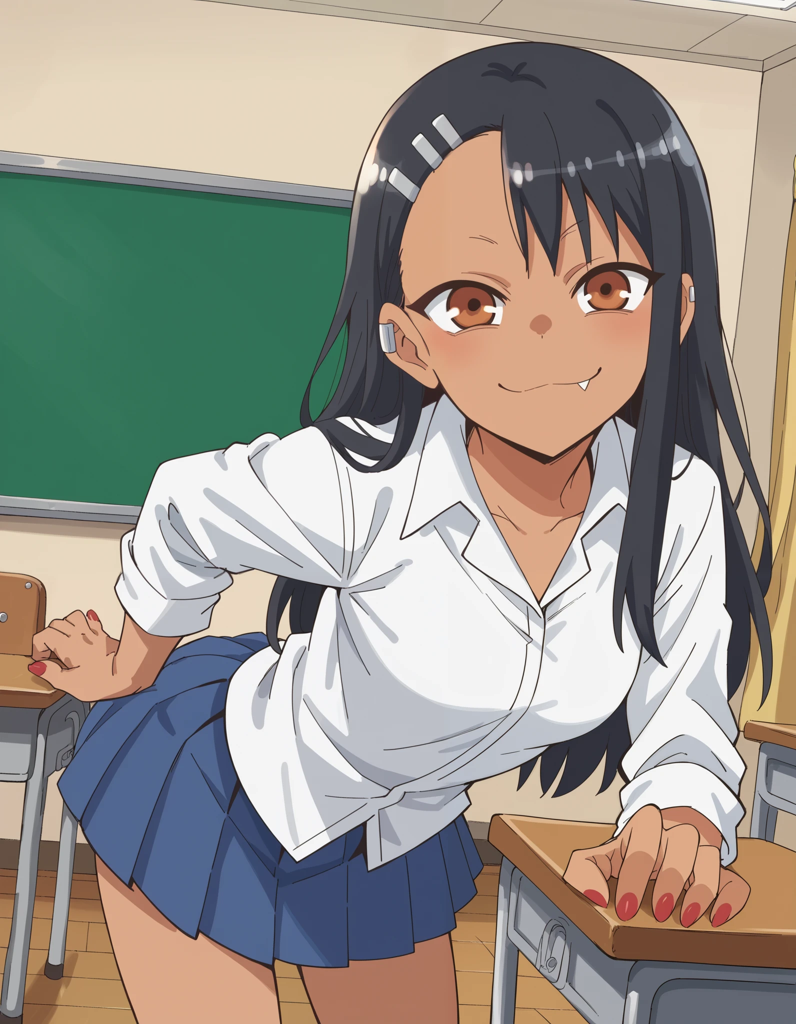 score_9, score_8_up, score_7_up, source_anime,
hayasenagatoro, hayase nagatoro, long hair, bangs, black hair, hair ornament, brown eyes, hairclip, fang, dark skin, dark-skinned female, tan,
skirt, shirt, school uniform, white shirt, pleated skirt, nail polish, blue skirt, red nails, earclip,
indoors, classroom, bent over, smile,
looking at viewer, cowboy shot, solo, dutch angle, lying in bed, dressed in underwear