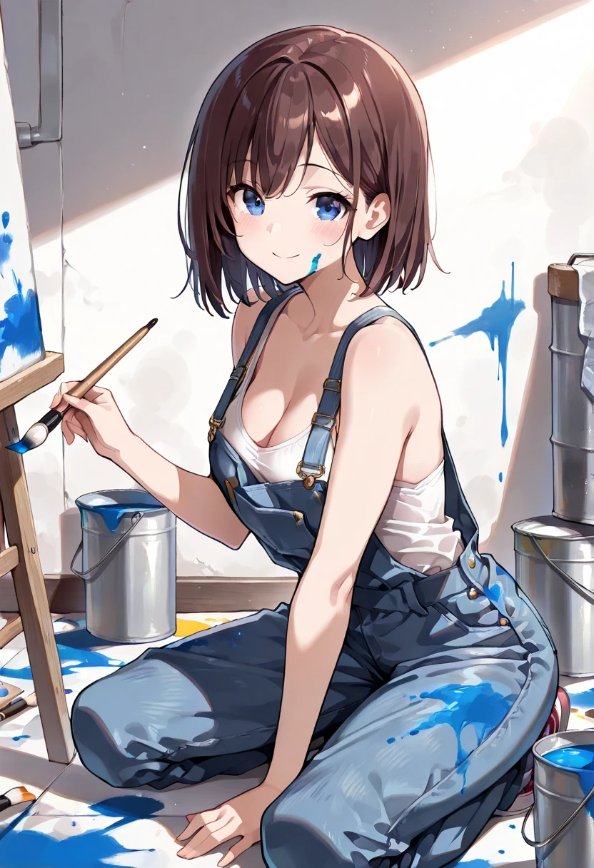 hitenkei style, claude monet style, oil painting, ((topless)), nsfw, masterpiece, 1 girl, erect nipples, intricately detailed, navel, bare shoulders, dirty gray hair, necklace, extremely detailed, bare breasts, puffy nipples, blue eyes, bare stomach, medium breasts, bracelets, , soft eyes, armpit, sweaty, happy, half open eyes, 1 ear visible, side bangs, sleepy eyes, large nipples, lifeless eyes, sitting, full body, denim pants, bench, studio, window, blinds, huge nipples, long nipples, slim waist, saggy breasts, mole under the eye, short hair, hoop earrings, body paint, paint canvas, pixie cut hair, nipple piercing, nipple rings