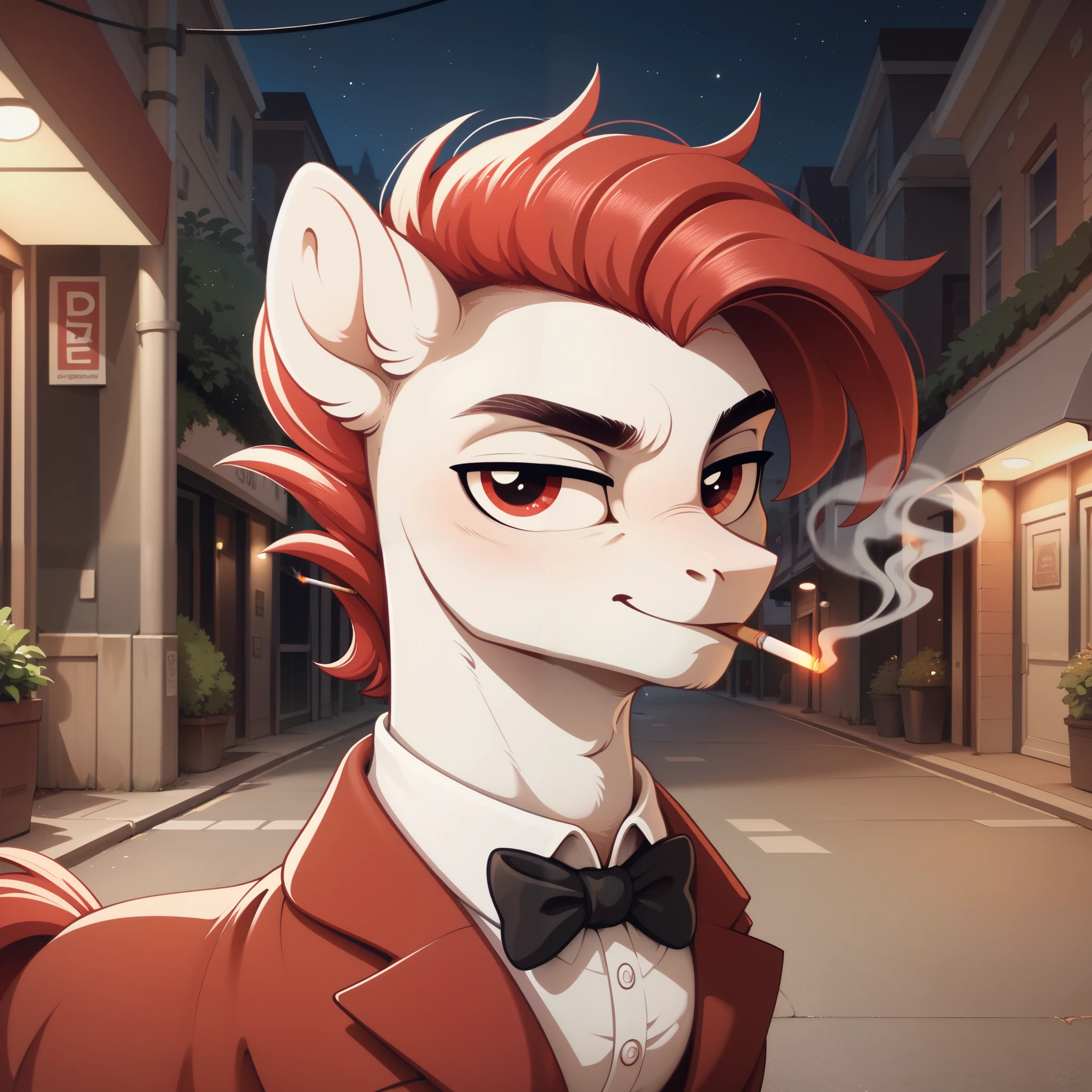 My Little Pony, solo, pony boy, white body, red eyes, red hair, bro, long bob haircut, pegasus, seductive smile, pony red tuxedo, white dress shirt, black bow, cape, night, street, cigarette, intelligent gaze, 