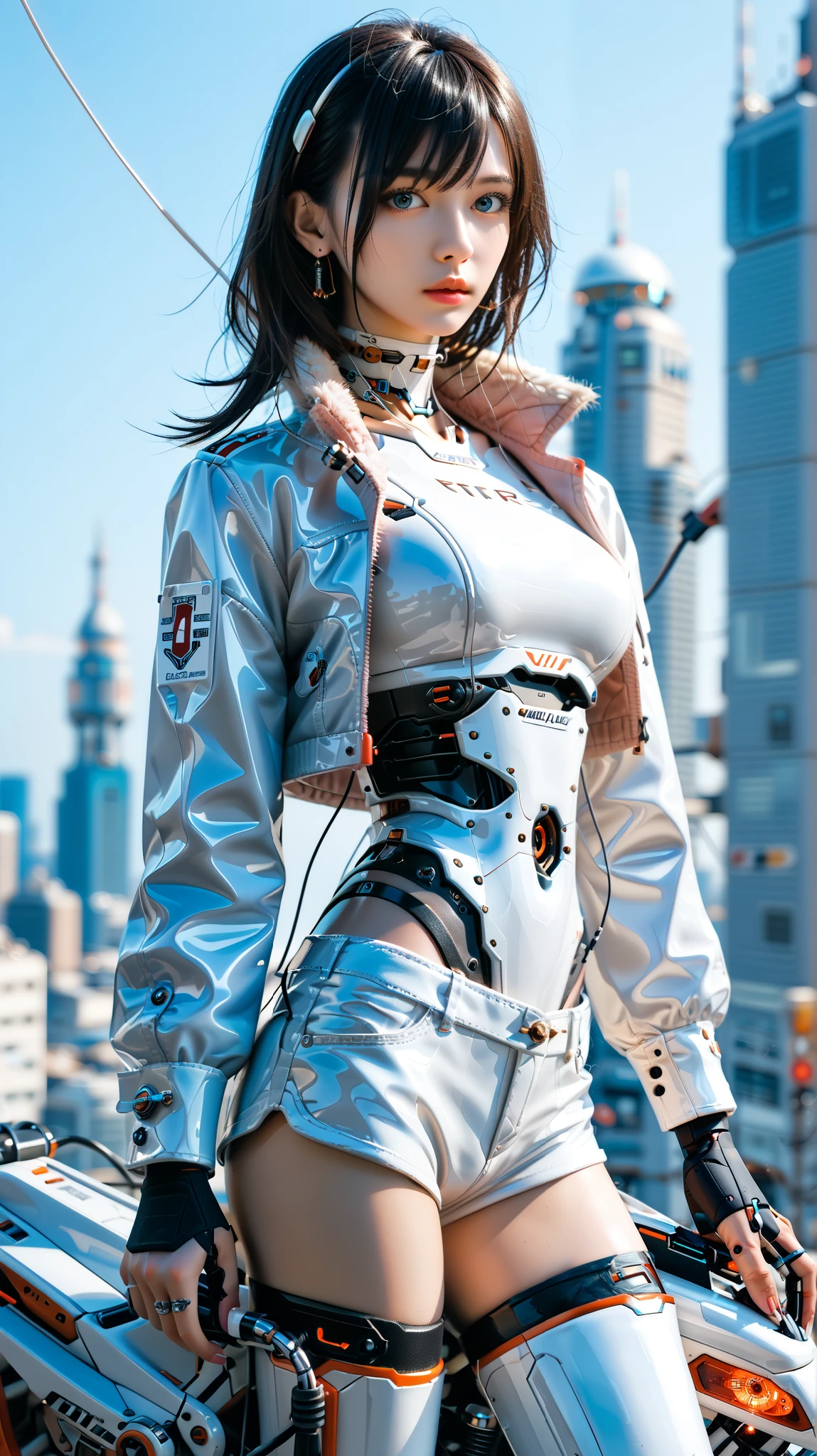 (((masterpiece))), (realism, realism texture, (science fiction, distant future), (top Quality, High Quality, top resolution, high resolution, (ultra detailed, high detailed))), (beautiful robot white latex racing model girl:1.4), (she is incredible machine:1.4), (beautiful face), (thin lips, wide mouth), blue lighting eyes, (polished short shorts:1.6), (robot armor:1.4), machine frame, (pink metallic latex cropped jacket:1.2), (steel knee-high greaves, (mechanical hands)), (robot joint:1.3), (robot neck joint:1.6), (machine parts, electronic component, complete parts, wiring:1.4), frame of perfect machine, straight hair, Expressionless face, (cowboy shot:1.5), (closed mouth), (futuristic city), ride a motorcycle, looking at viewer