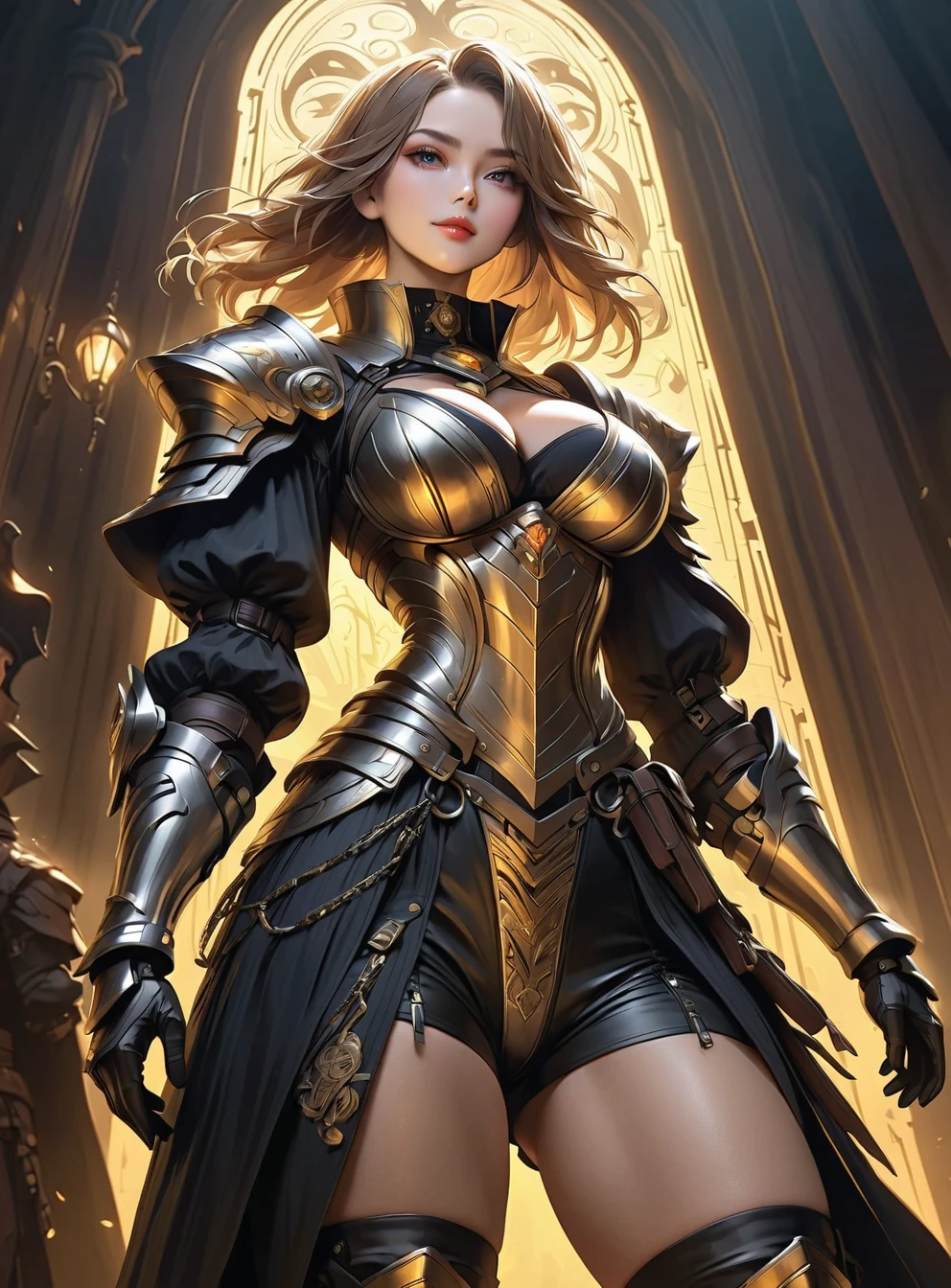 Blonde haired woman with braids, (medieval punk green neckline armor). Bright chrome gold lingerie with sharp reflections. Gems. Bare shoulders. (tiara). Low muscle definition. Beautiful legs. Bare shoulders visible. Detailed lighting. Artwork. Extreme beauty. Clothing with intense colored gradient effect. Professional image with high saturation. Professional camera. Illustration. Vibrant colors. vibrant yellow eyes, thin, fur cape, bright golden eyes, symmetry, intense look, black details on clothes, golden aura