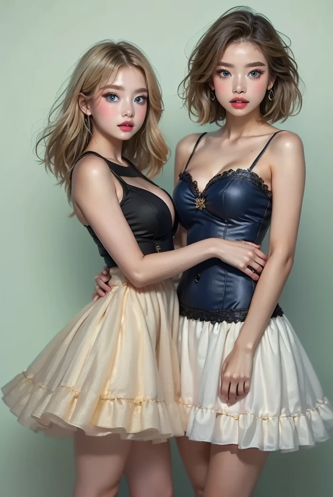 Girls, blond, Long hair, beautiful eyes, Small Breasts, cat hair accessories, Side lock, blond, shiny hair, , (Smart eyes: 1.2), (There are two long triangular cutouts on the skirt, Showing off your abdominal muscles), White buttons for vest corset, (Wear a short-sleeved striped shirt under the vest), (The sleeves end close to the arms), (There is a black collar around the neck), ( miniskirt),Slender long legs,Show your thighs