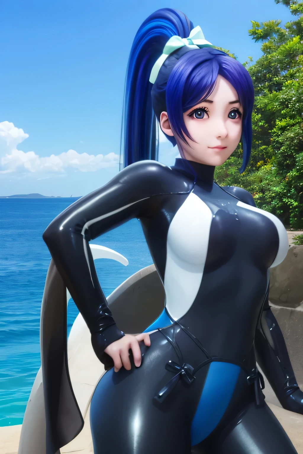 humanoid robot, 2girls, 1futa, blue hair, long hair, chinese ethnicity, robotic joints, black robot,medium breasts, cleavage, pigtails, bangs, white and grey skin, completely impaled, blue eyes, outdoors, beach, sunlight, day, skinny, lips, athletic, on back, girl on top, girl lying on futa, breast grab, hug from behind, short, blushing, sexy robot girl, pussy, deep penetration, robotic legs and arms, sitting on lap, vaginal penetration, penis, perfect vaginal penetration, impaled, futanari fucking girl,
