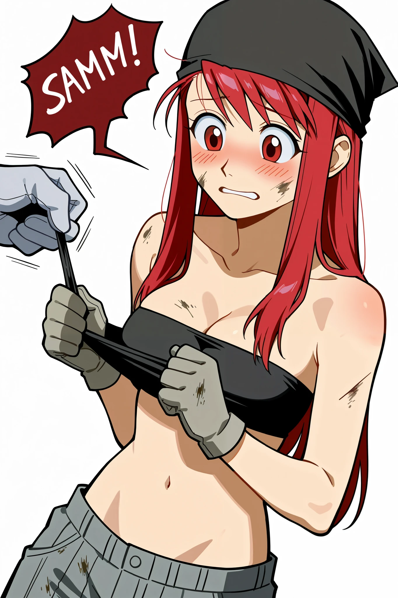 winry rockbell, winry rockbell, red eyes,
gloves, navel, cleavage, bare shoulders, collarbone, midriff, simple gray pants, stomach, bare arms, strapless, black bandana, (black tube top), grey gloves, dirty, dirty clothes, dirty face,
dutch angle, cowboy shot,(( white background)),upper body, full body in view, He looks down, adjusts his top with his hands, blushes, hands holding a tank top, red hair,((pulling out a topic)), scream, looking around,(scared:1.1),(stripped naked), embarrsased, blush on the face