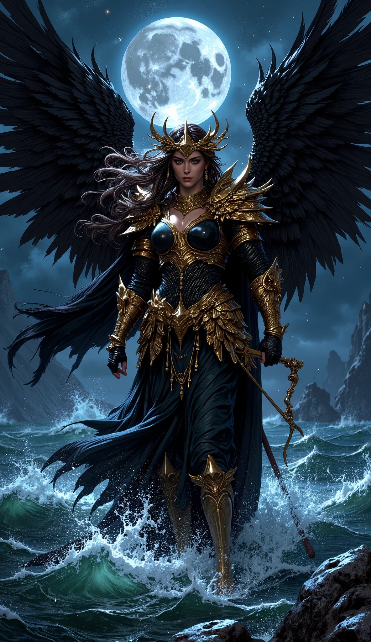 I want a painting of a beautiful warrior goddess with black wings in a golden black armor stretched on the surface of the sea at night.