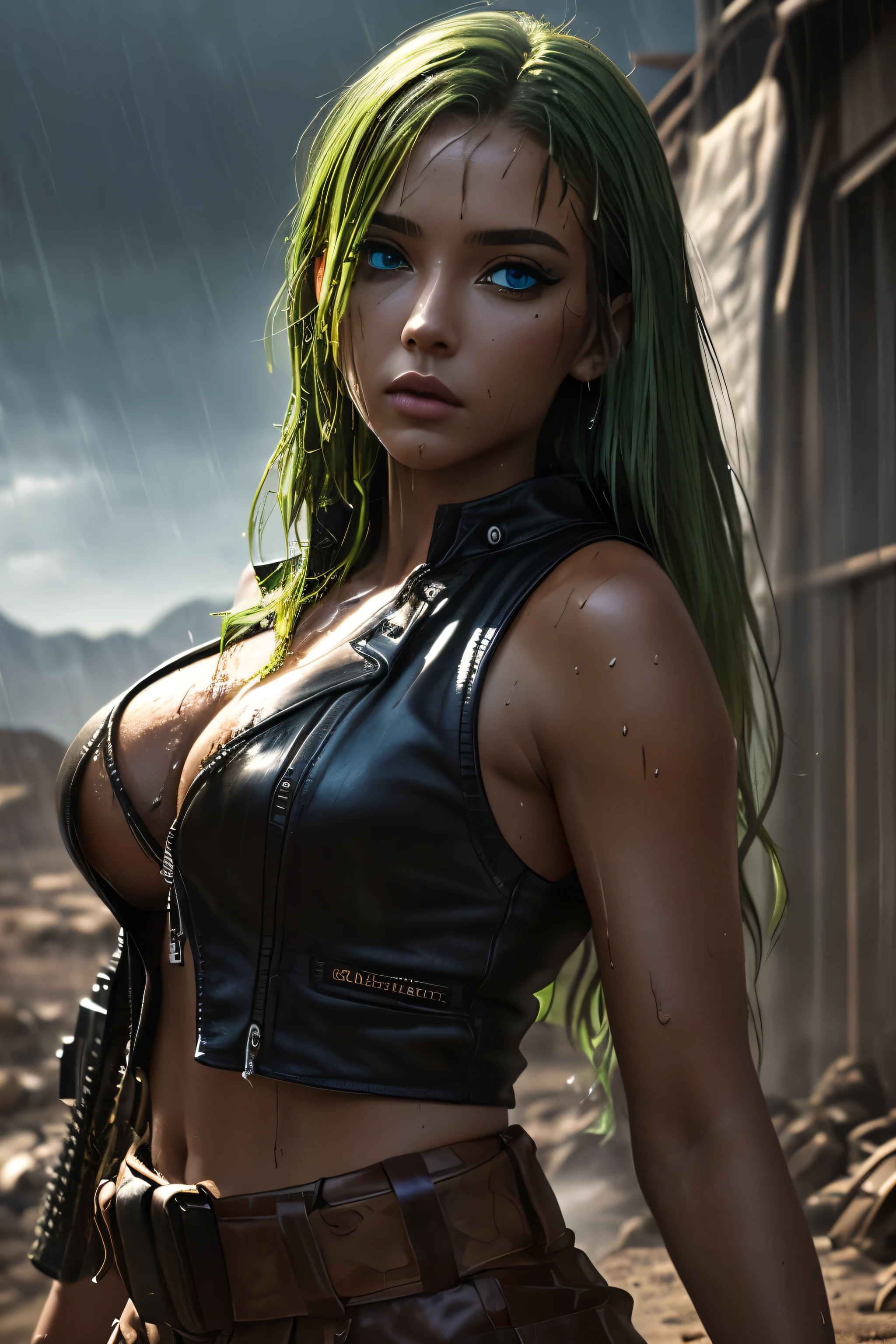 (best quality, masterpiece),  1girl , beautiful girl, extremely beautiful eyes, (Green eyes), ((hair color [Brown], [straight] hair)), Cleavage, (Fit Body), realistic, narrow waist, charming, Black makeup, Smoky eye shadow, Dark eyeliner. long eyelashes, (Tanned Skin), (detailed face), detailed eyes, detailed iris, Leather Pants, Leather Vest, gun holsters, machete, Standing in Desert Wasteland ((Dirty Skin)), ((Dusty outfit)), Wasteland Mercenary, Post-apocalypse desert wasteland. Apocalyptic wasteland ， conceptual art, Rainy, ((Soaking Wet)), Wet Hair, (Muddy)