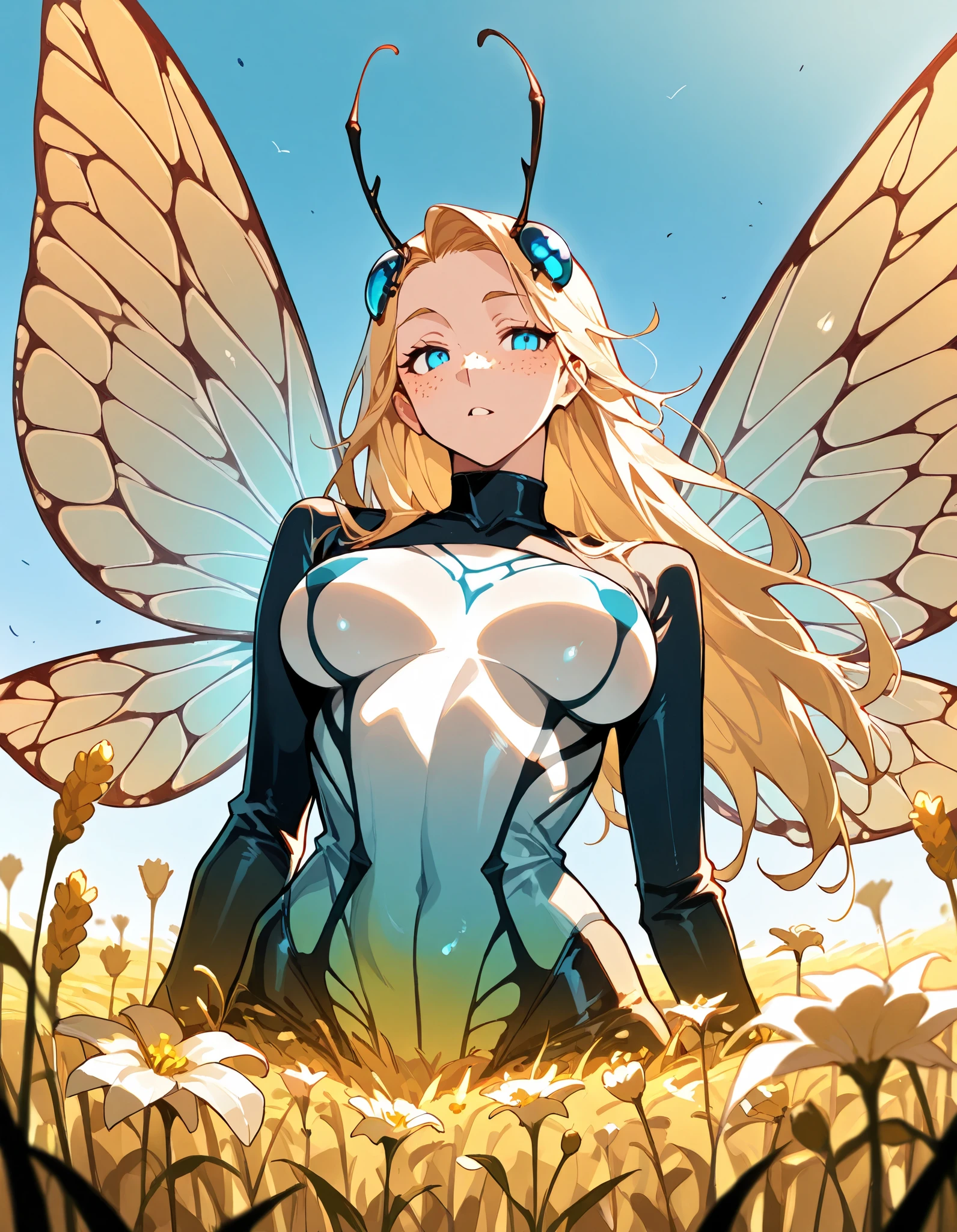 Stylized Highres Image, best quality, ((masterpiece)), 1girl, solo, blue eyes, blonde, long hair, freckles, best quality, ((masterpiece)), Insect Woman, tiny, small, on a giant flower, bug fiber bodysuit, floating top, Big BUG wings, wide range of colors, bug eyes, ((EXTREME CMYK colors), ((large apart breasts)), sexy, provocative, seductive, bug antenas, Bug wear, wheat field, ((sited on top of a overgrown flower)), aburdres, vibrant, frontal light, perfect light, Perfect eyes, extremely sery woman, mature, pointy tits, (detailed eyes:1.1),