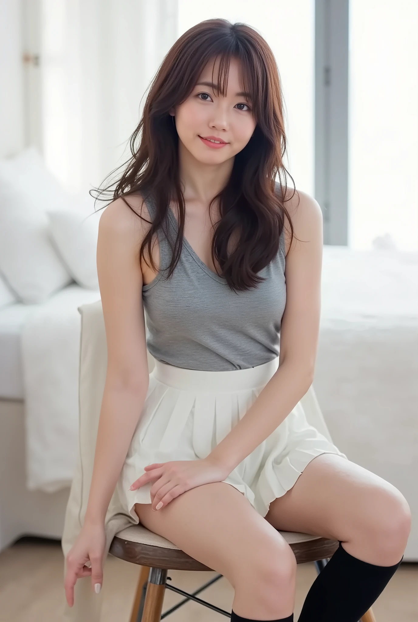 high quality, Super detailed, finely, High resolution, 8k wallpaper, perfect dynamic composition, beautiful and detailed eyes, natural color lip, random sexy pose,cute smile,Hotel,18 year old girl、beautiful and detailed face、perfect and beautiful face,Big eyes、beautiful and detailed face、perfect and beautiful double eyelids,blur the background,perfect and beautiful face,barefoot,youth'skirt,check skirt,mini skirt,beautiful feet,thighs,The woman I want to hold,underwear,exposed,sat cross-legged,girl sitting