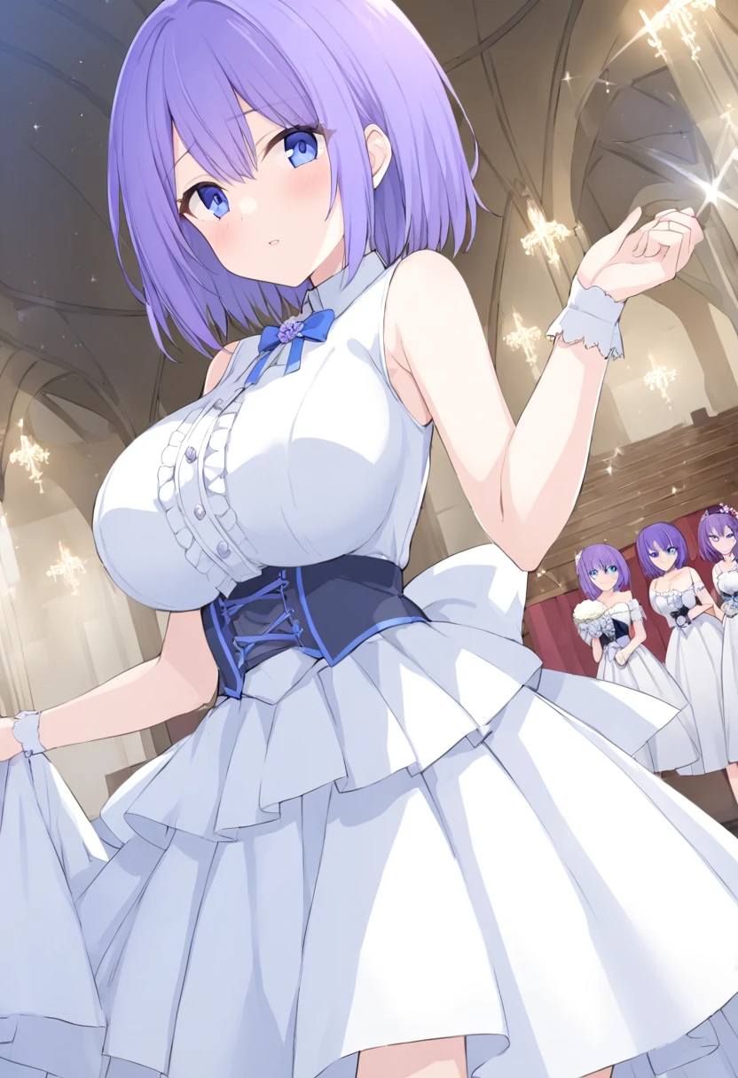 Estila looking at the prince&#39;s next wife, 18 years old, long dark violet hair, lilac eyes, huge breasts, light blue gala dress with gold stars in the palace in the ballroom, surprised.hentai