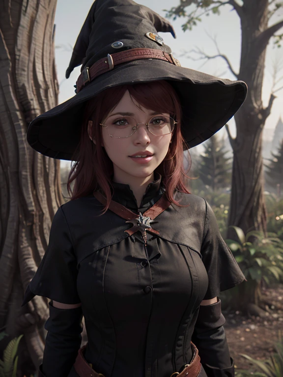 Short, Red hair, green eyes, young, cute witch in a pointed hat, with size 2 , wearing metal-framed glasses sitting on a horse, against the background of the forest