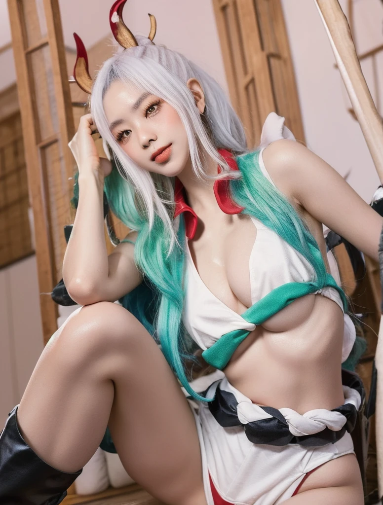 (masterpiece), (highest quality), (illustration), (super detailed), (high resolution), (((voluptuous body, sagging breast, pubic hair))), (((yamato cosplay))), (((yamato costume))), ((cum shot, sperm shot)), seductive face, spread arms, standing with hands and legs tied by tentacles to pillars, spread legs, on outdoor shrine, close up