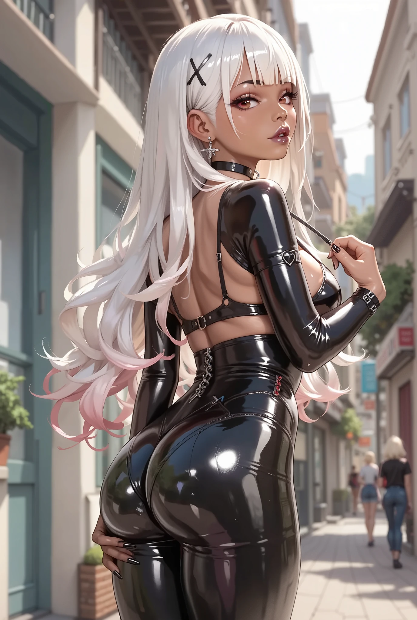 1 mature girl, very long white hair, white skin, blue eyes, short black skirt that shows her sexy panties, black leather jacket, low-cut black blouse that partially shows her breasts, perfect body, walking at night in a metropolis, necklace, earrings, black makeup, view from behind, looking at camera, big ass, big breasts, ((high quality)), ((high resolution)), ((4K)), ((masterpiece))