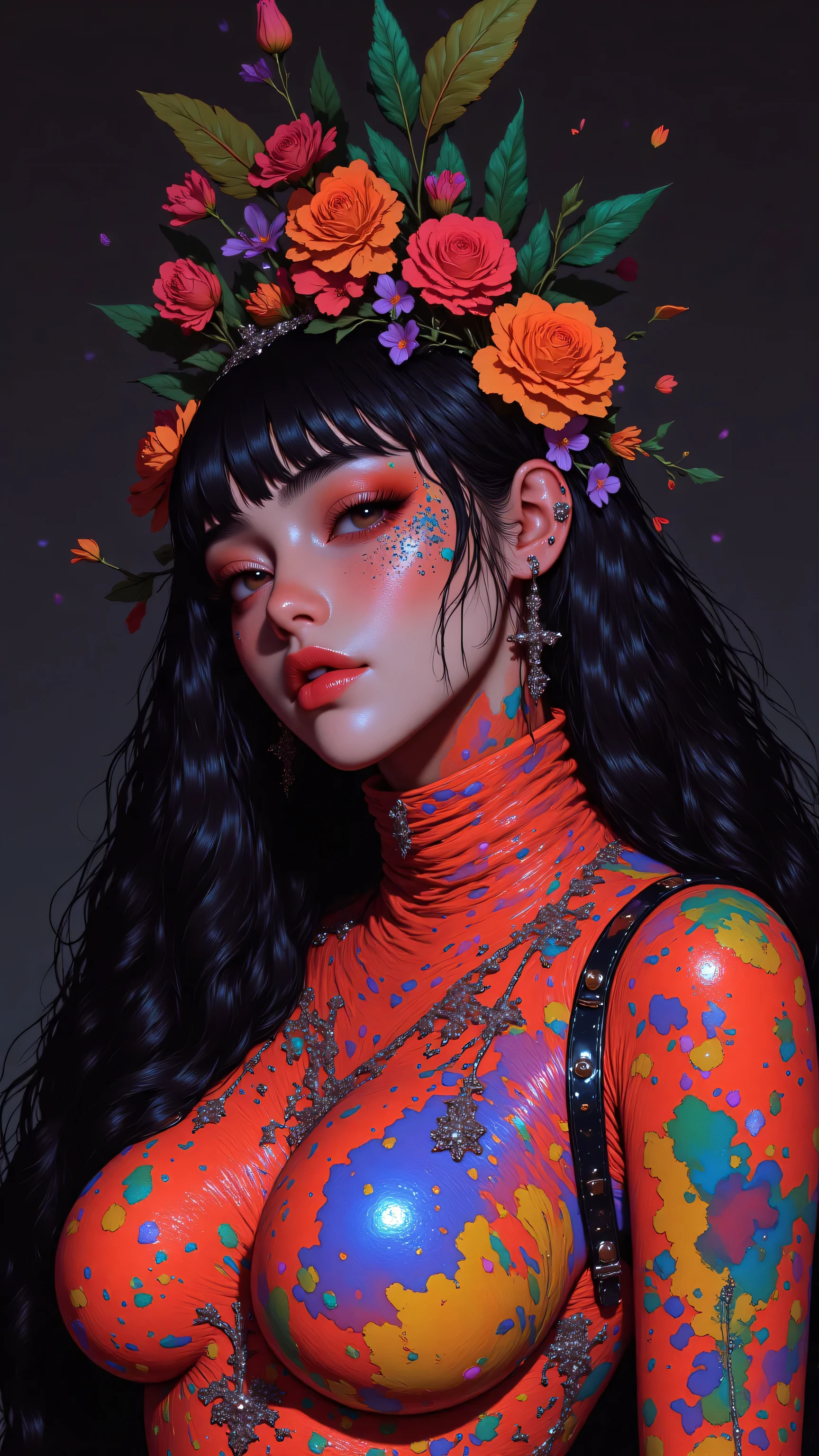 8k, masterpiece, highest quality, Korea's Beautiful Women, Dark wavy hair, red lips, flowers in the hair, colorful body paint, vibrant swimsuits, confident poses, dramatic lighting, neon colors, glitter,