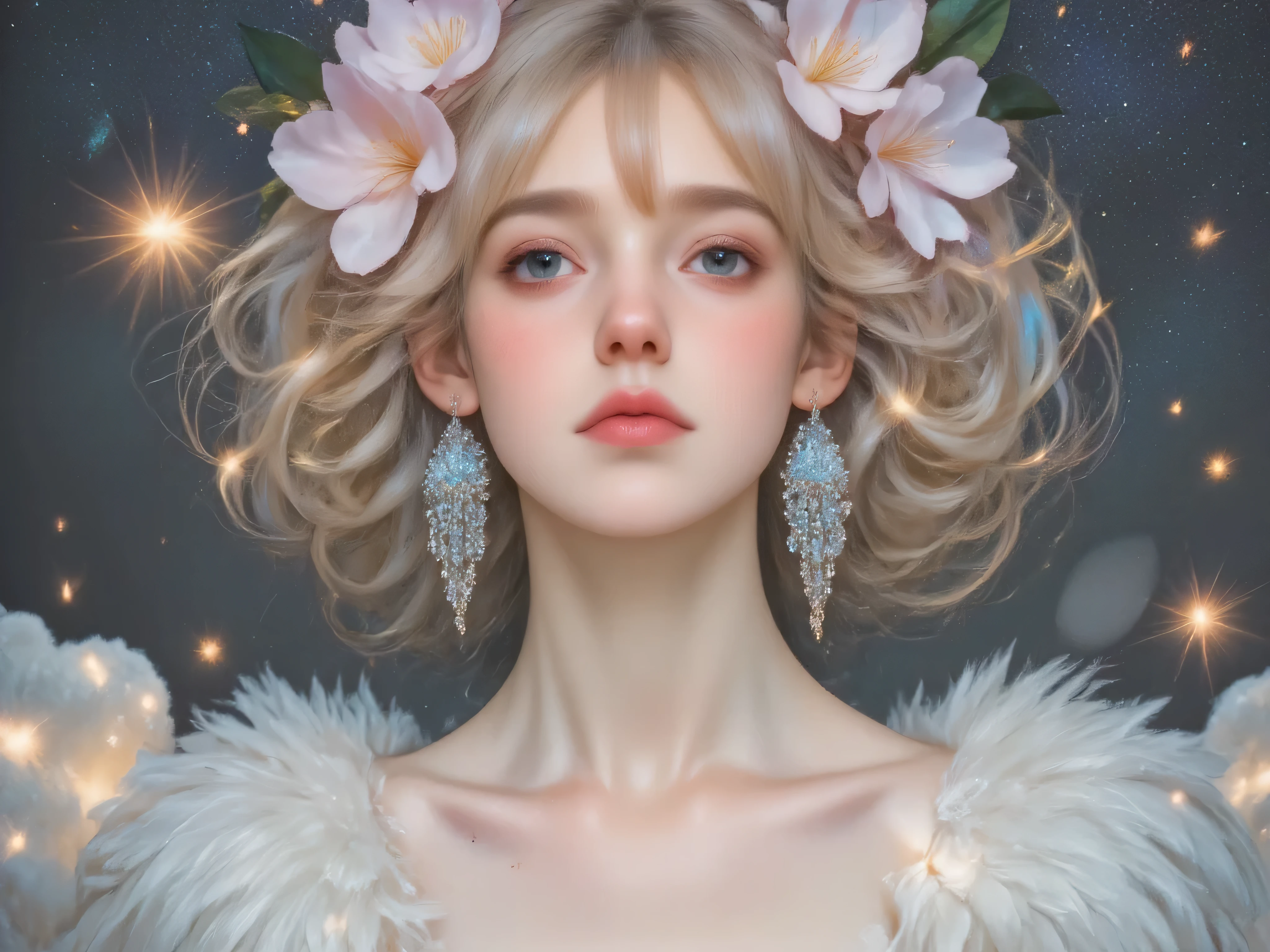 victorian-inspired hyperrealistic close-up portrait of a beautiful young woman with curly blond hair and bangs, freckles, doves and several pairs of soft white wings covering her shoulders and white feathers. Magnolias on her hair. 