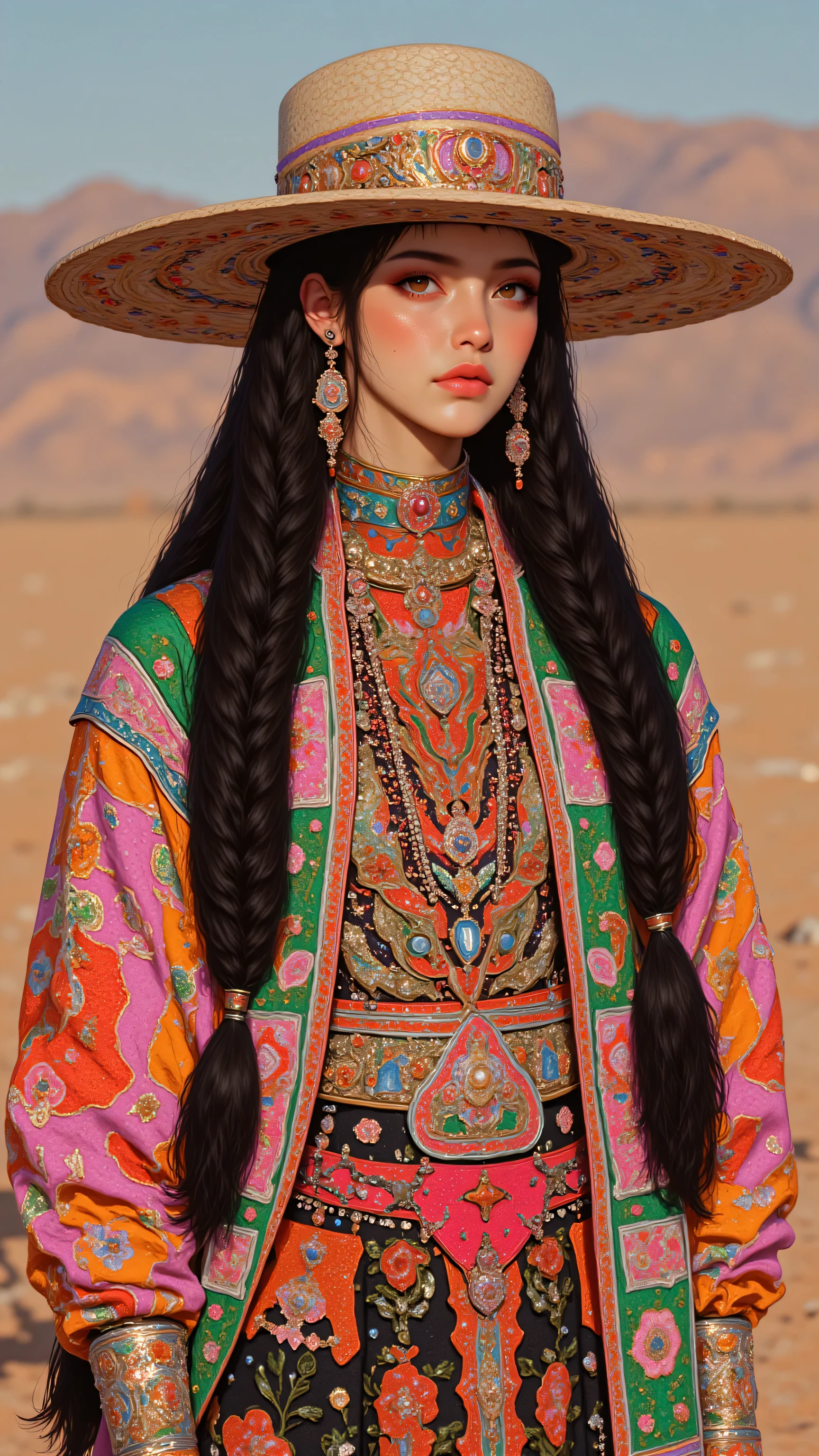 8k, masterpiece, highest quality, Korea's Beautiful Women,Close-up, long dark hair, braids, vibrant, colorful, sequined, beaded, two-piece outfit, jacket, skirt, wide-brimmed hat, embellished, dangling earrings, bright, varied colors, pinks, reds, oranges, yellows, greens, blues, kaleidoscopic, light-colored hat, outdoor background, blurred, desert, sandy area,
