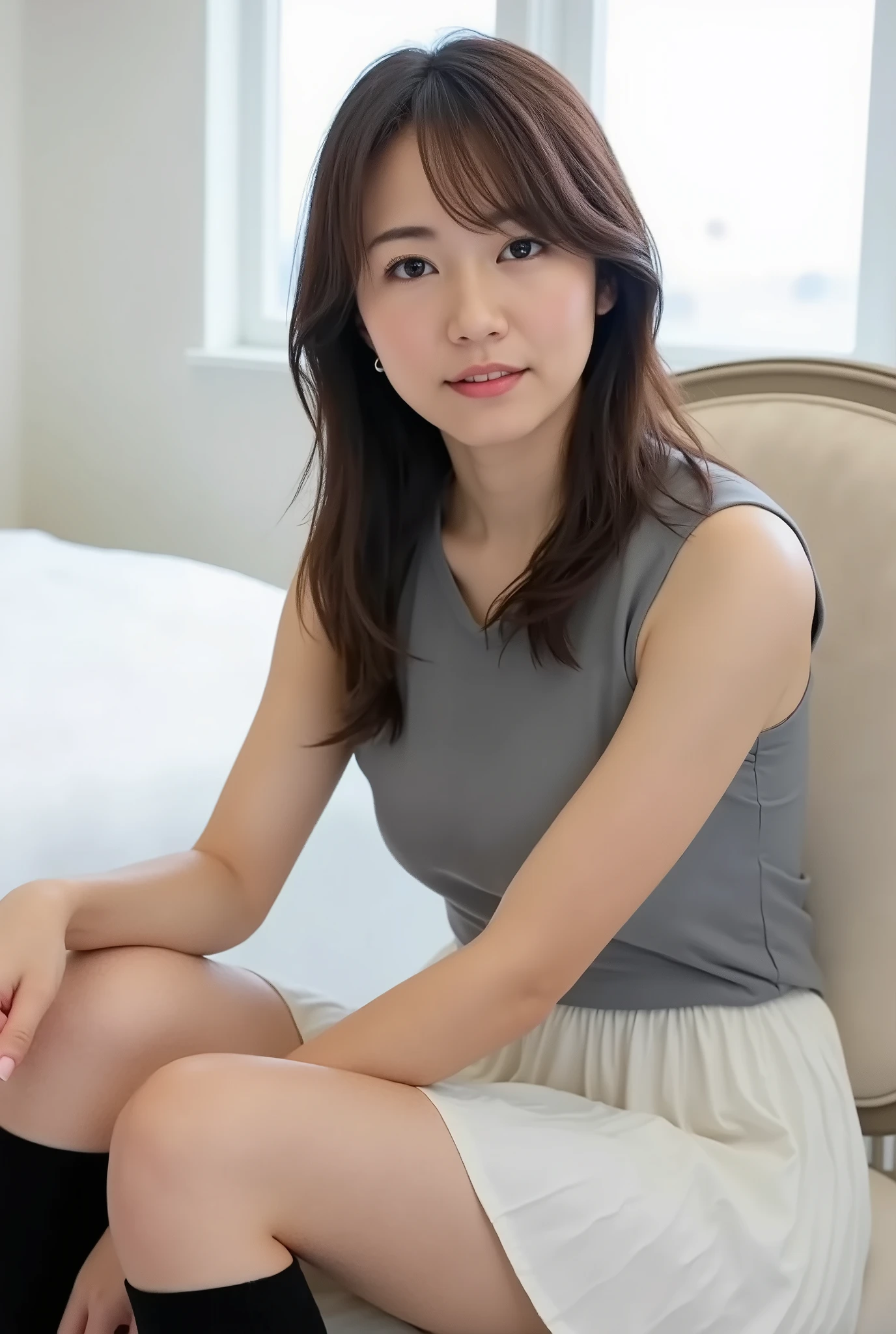 (( realistic lighting , best quality, 8k, masterpiece, from below: 1.3)), clear focus: 1.2, 1 girl, medium bust,(( Long Dark Brown Hair )),((One length)),((Pay the amount)), (Grey sleeveless:1.4), Delicate Breasts with Everything Exposed ,(exterior, orbital space:1.1),In the bedroom, Bed in the background, Sit on a chair and bend one knee,Moderately slim calves, exposed thighs , black knee-high socks, shoes, very detailed face, beautiful eyes, double eyelids, white pleated mini skirt , Place your right hand on the chair to support your weight.,((((The white pants are visible from inside the skirt))))、( open legs:1.4)、( Tilt Your Head Slightly )