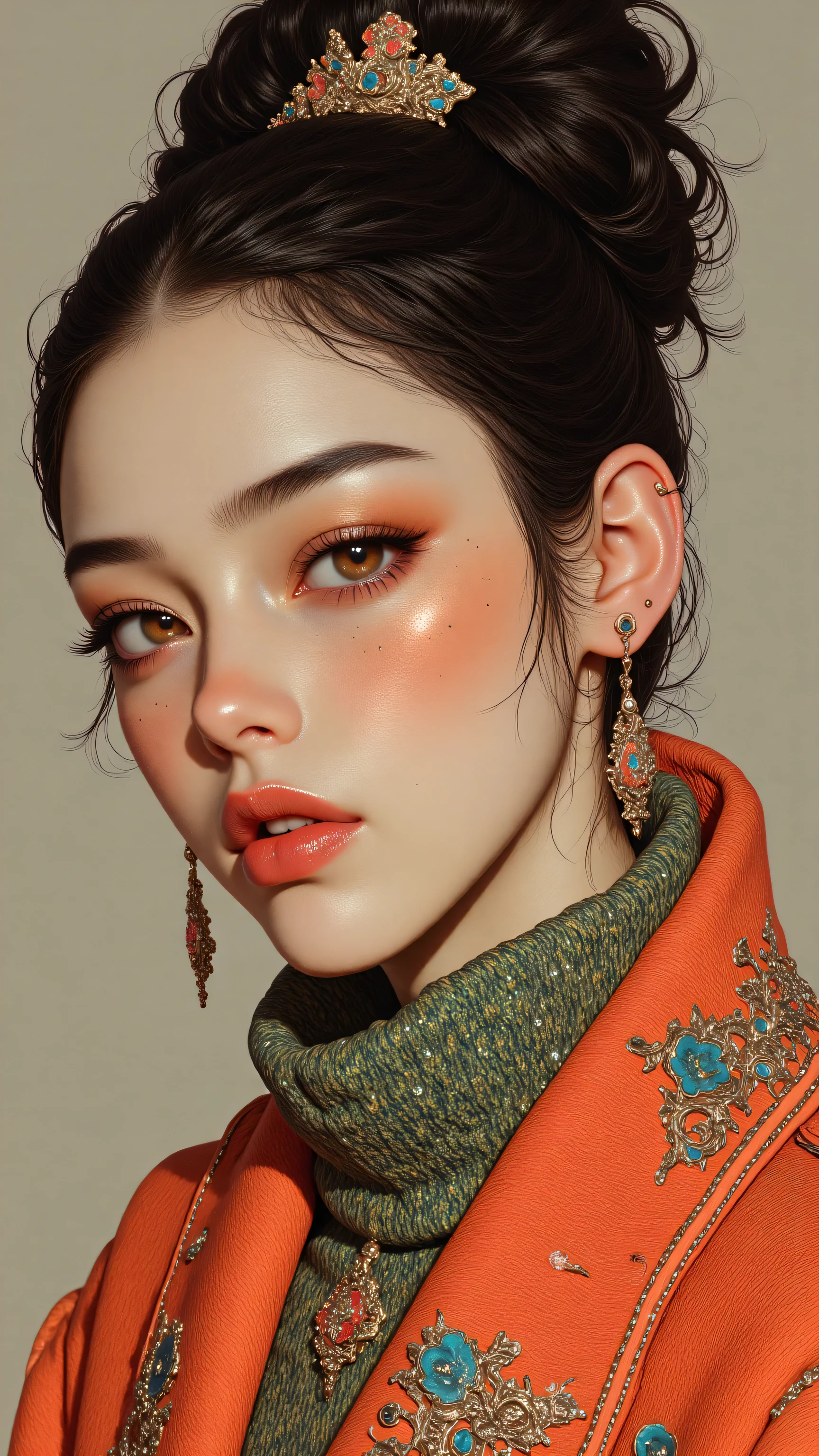 8k, masterpiece, highest quality, Korea's Beautiful Women, close-up. dark hair, updo, flower, prominent eyebrows, rosy cheeks, full lips, dangling earrings. coral jacket, teal spots, olive green turtleneck. geometric, teal, coral, off-white, textured.