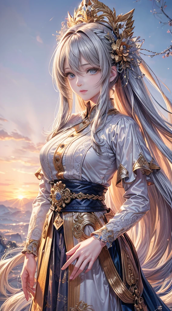 This picture is realistic anime style. It shows a woman who is 18 years old. She has long white hair that reaches the middle of her back. and striking red eyes She wore a warrior outfit designed to protect against the cold. It consists of silver armor and a white fur cloak. All around her was the scene of the North Pole. There are tall icebergs and areas covered with snow. The sky is faintly blue. The sun shone down and made the snow sparkle.