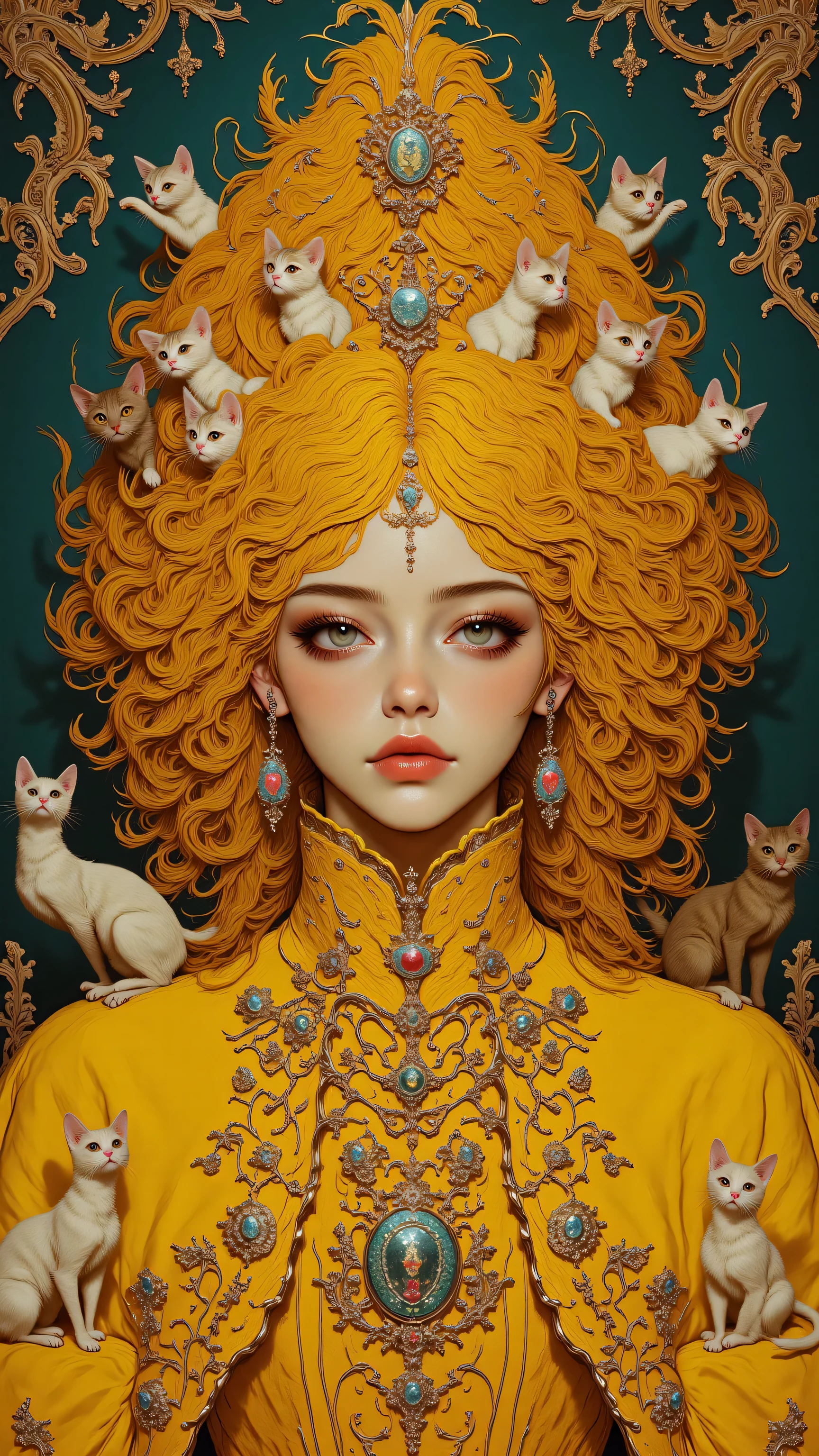 8k, masterpiece, highest quality, Korea's Beautiful Women, Close-up, frontal, vibrant, yellow, hair, curly, high-neck, yellow, gown, jeweled, pendant, silver, bracelet, red, lipstick, defined, eyes, white, cats, peaceful, teal, gold, ornate, tapestry, curtain, regal, opulent, saturated, dramatic, classical, portraiture, modern, bold, colors, texture, fabric, quiet, elegance, regality.
