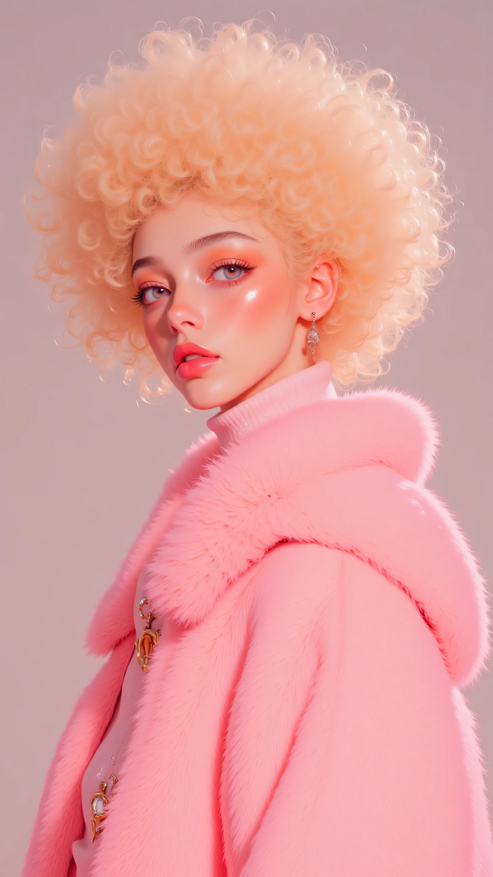 8k, masterpiece, highest quality, Korea's Beautiful Women, neon pastel colors, voluminous blonde curly afro, soft lighting, peachy pink tones, fluffy pink coat, retro glamour, high fashion, delicate features, rosy cheeks, coral lips, dreamy atmosphere, 1960s inspired, studio photography, fine art portrait, ethereal beauty, cotton candy aesthetic, whimsical style, fashion editorial, vintage vibes