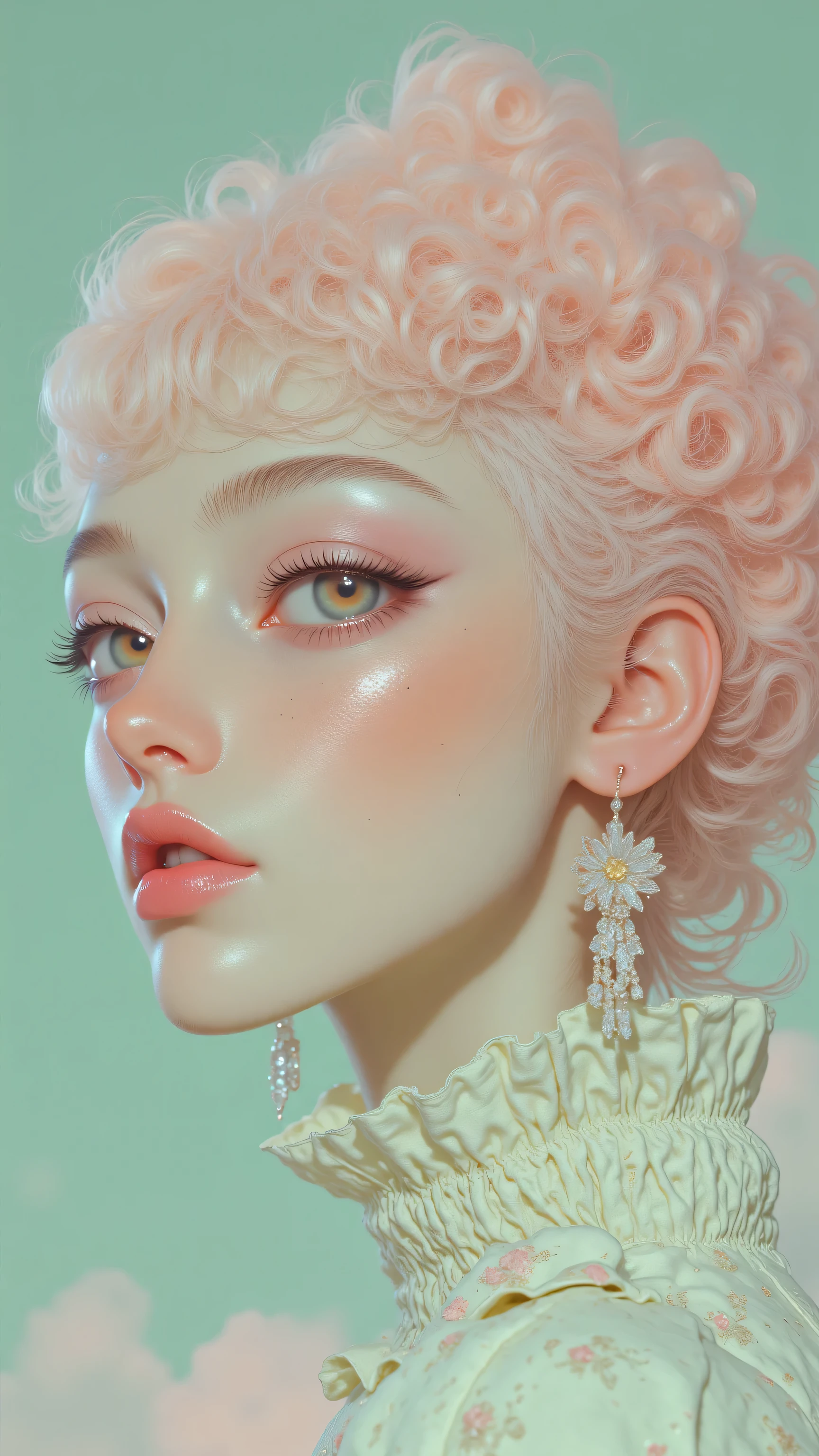 8k, masterpiece, highest quality, Korea's Beautiful Women, pale skin, rosy cheeks, pink cotton candy hair, oversized pearl earrings, soft lighting, dreamy atmosphere, mint green background, Marie Antoinette inspired, ethereal beauty, fashion editorial style, delicate features, whimsical, romantic, cloud-like textures, vintage aesthetic, soft focus, feminine, surreal