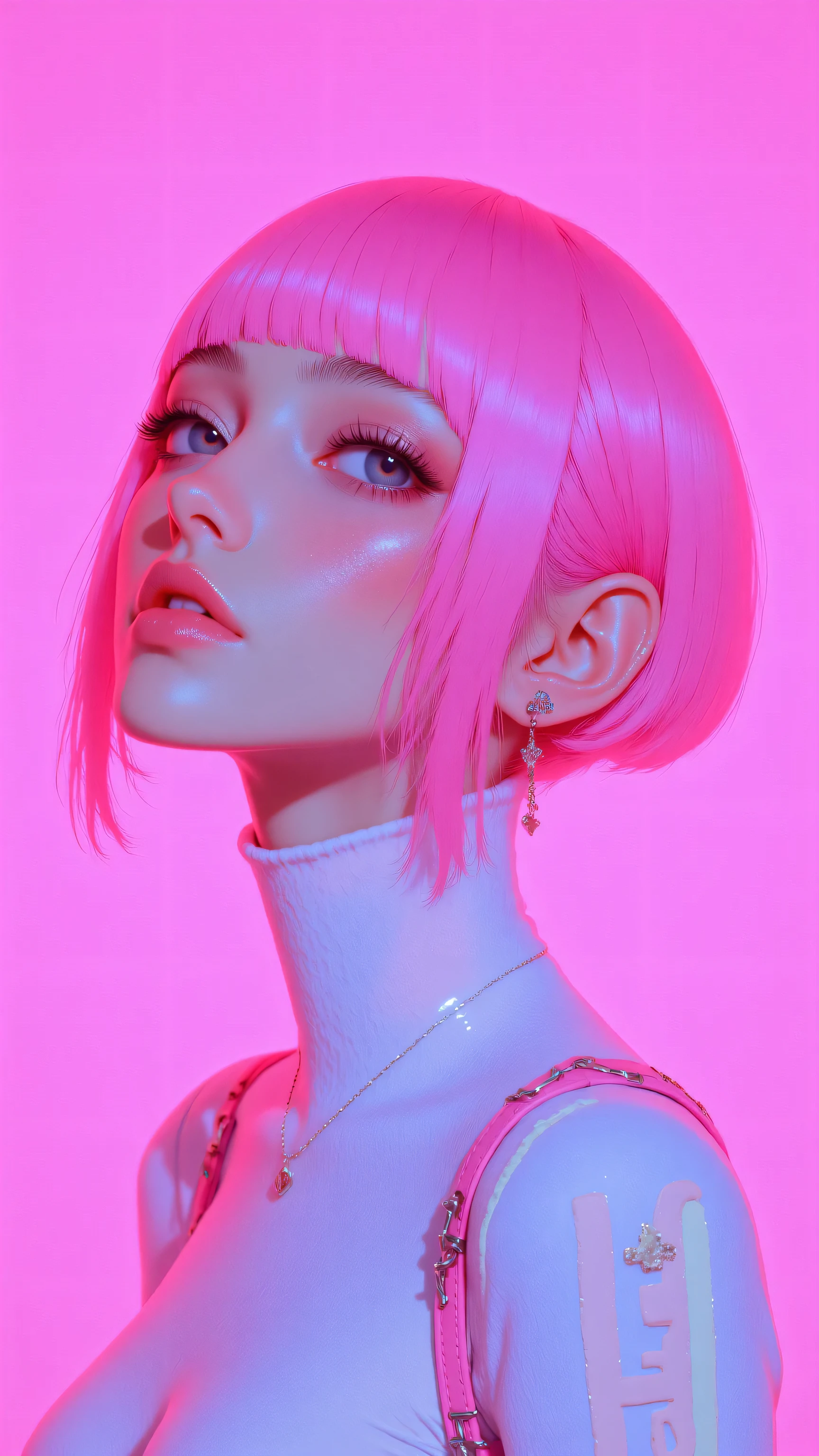 8k, masterpiece, highest quality, Korea's Beautiful Women, neon pastel colors, Vibrant hot pink bob hairstyle, striking blue eyes, perfect makeup, flawless skin, soft pink background, neon collar, side profile portrait, high fashion, futuristic aesthetic, vivid colors, clean sharp focus, hyper-realistic, 8k resolution, studio lighting, digital art