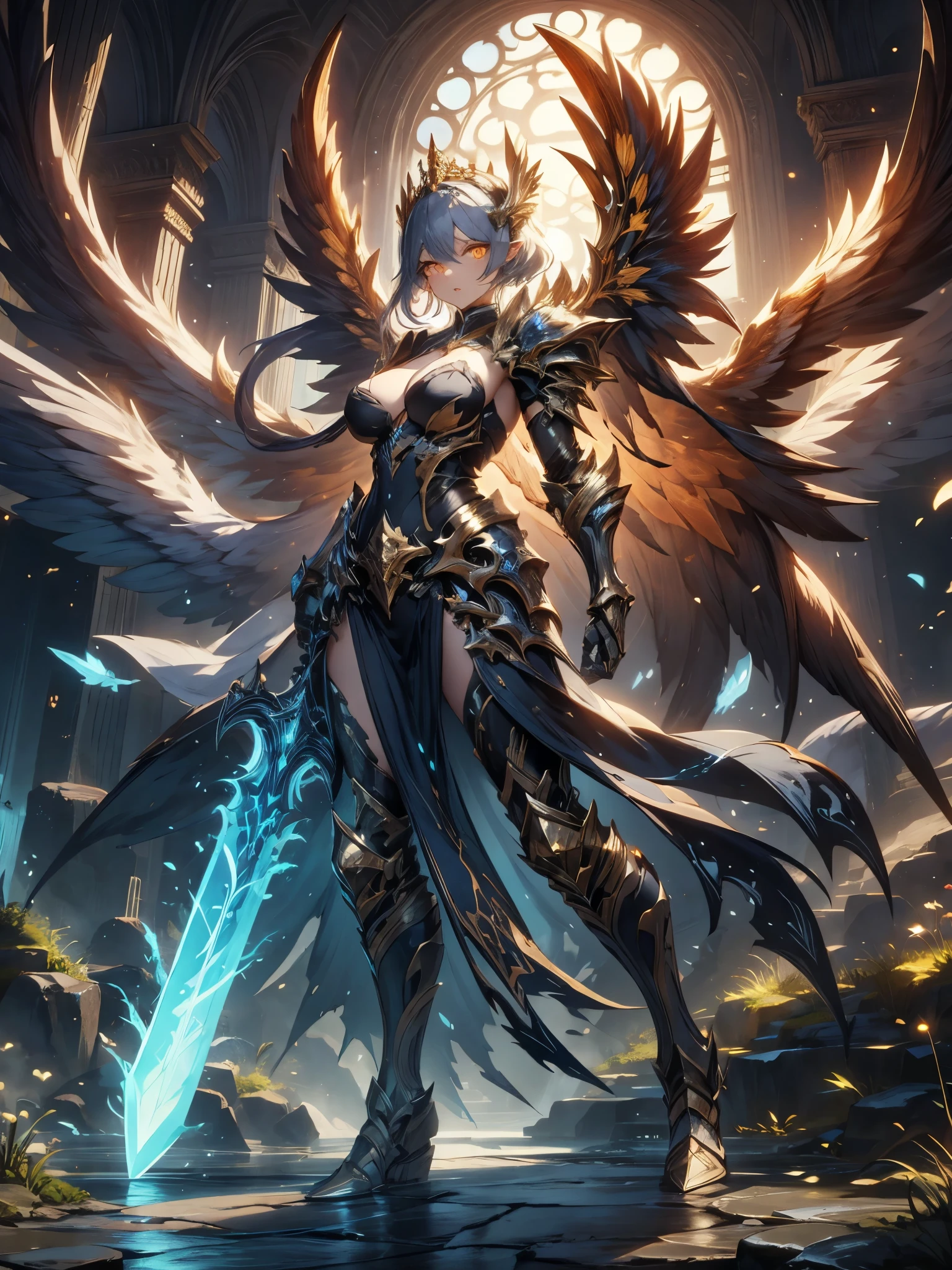 (((masterpiece, best quality, high detailed, 16k))) Ethereal fantasy concept art, girl in black and gold armor, gold tiara, gold armor, big breasts, holding a perfect powerful huge sword, low wings, head wings, multiple wings, winged helmet, glowing sword, glowing runes, smug, glowing eyes, yellow eyes, constricted pupils, glowing yellow eyes, parted lips, magic circle, glow swirling light, gem, blue gemstone, with a dynamic and magical background, looking down, masterpiece, best quality, magnificent, celestial, epic, majestic, magical, fantasy art, cover art, HDR, High Dynamic Range, Maximum Clarity And Sharpness, Multi-Layered Textures. (detailed face), (detailed eyes), ((full body front view)), (extremely detailed:1.5)