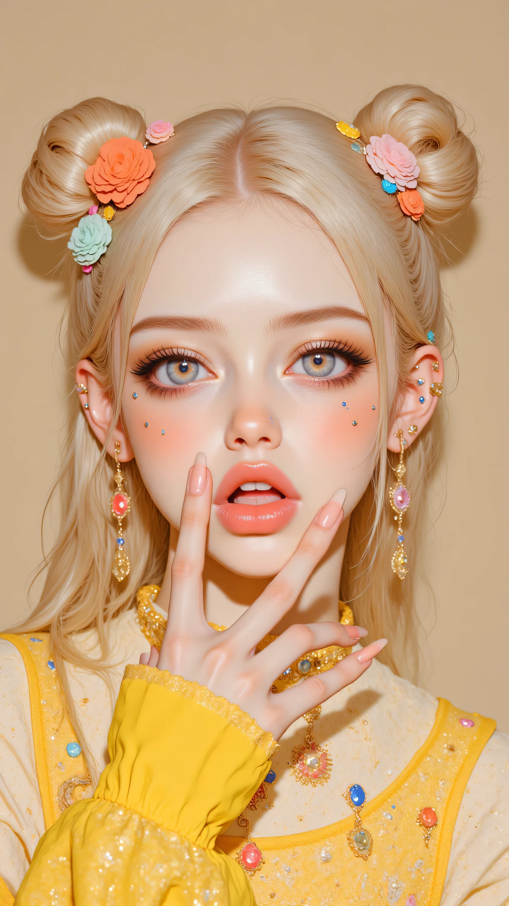 8k, masterpiece, highest quality, Korea's Beautiful Women, Kawaii style, blonde hair in buns, pastel hair accessories, bright blue eyes, rosy cheeks, colorful makeup, yellow lace top, pastel jewelry, decorative nails, soft lighting, beige background, youthful appearance, anime-inspired, detailed skin texture, playful expression, vibrant colors, fashion photography, high-resolution image