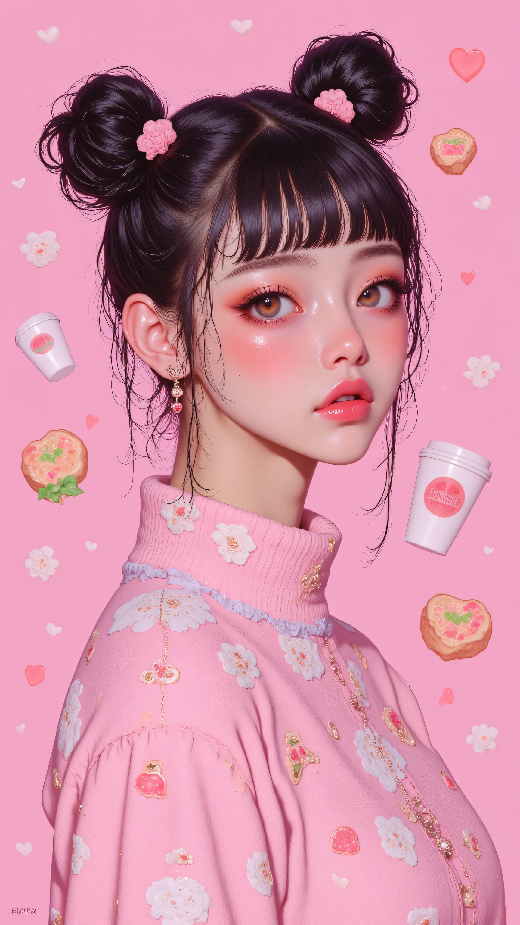 8k, masterpiece, highest quality, Korea's Beautiful Women, kawaii style, pink background, heart decorations, paw prints, space buns hairstyle, pink hair clips, bright makeup, colorful eyeshadow, strawberry icon, coffee cup icon, dreamy expression, soft lighting, digital art, anime-inspired, pastel colors, cute aesthetic, sparkles,